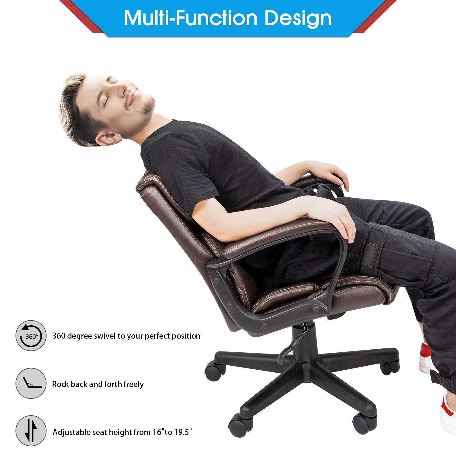 Furmax Mid Back Executive Office Chair Leather-Padded Desk Chair with Armrests, Ergonomic Swivel Task Chair with Lumbar Support (Black)