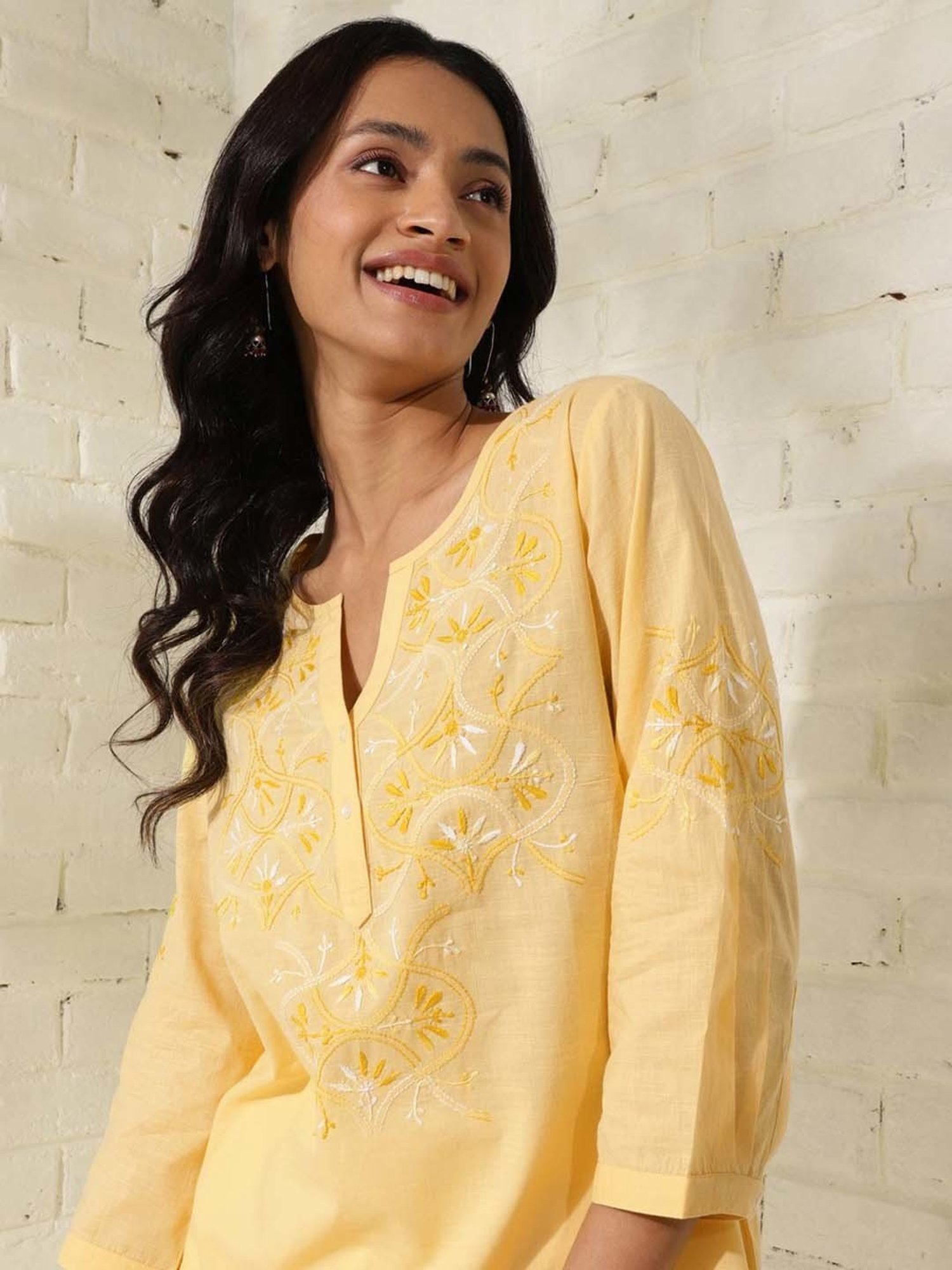 Fabindia Yellow Cotton Embroidered Tunic