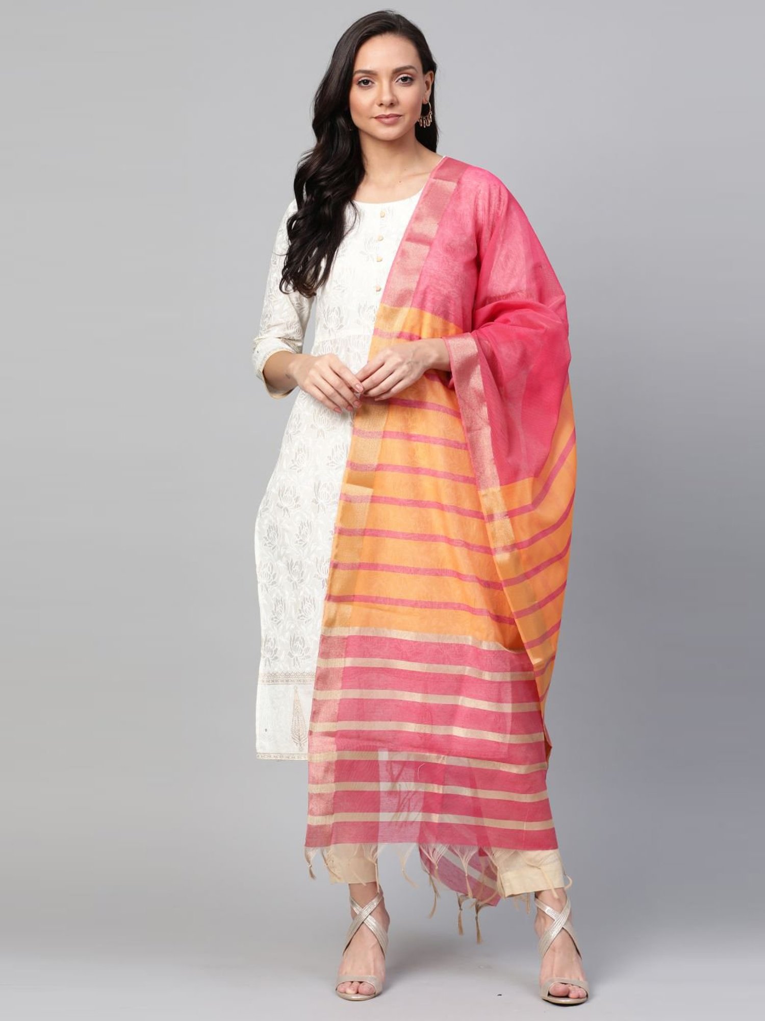 Indo Era Pink Striped Dupatta