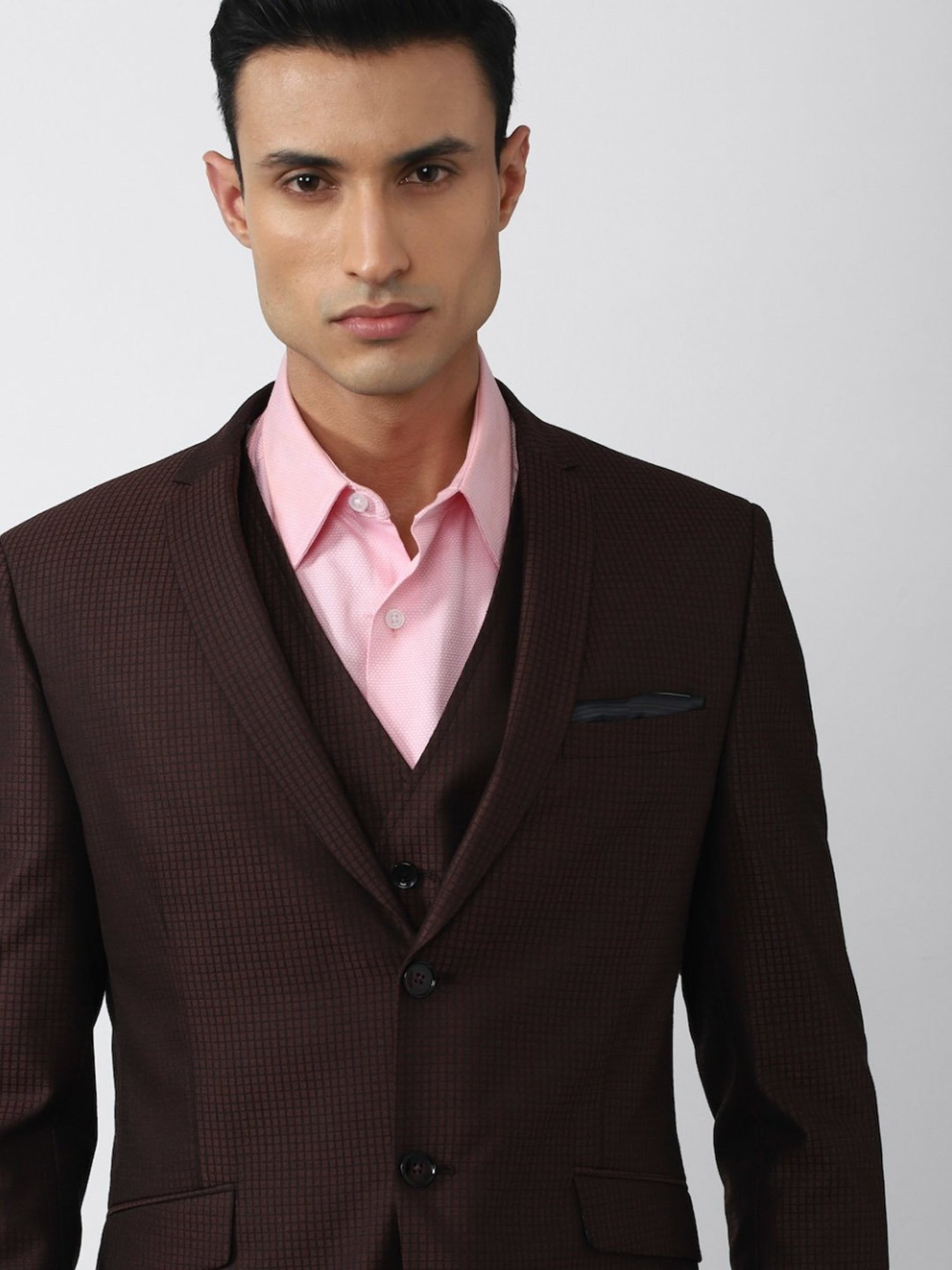 V Dot Brown Skinny Fit Checks Three Piece Suit