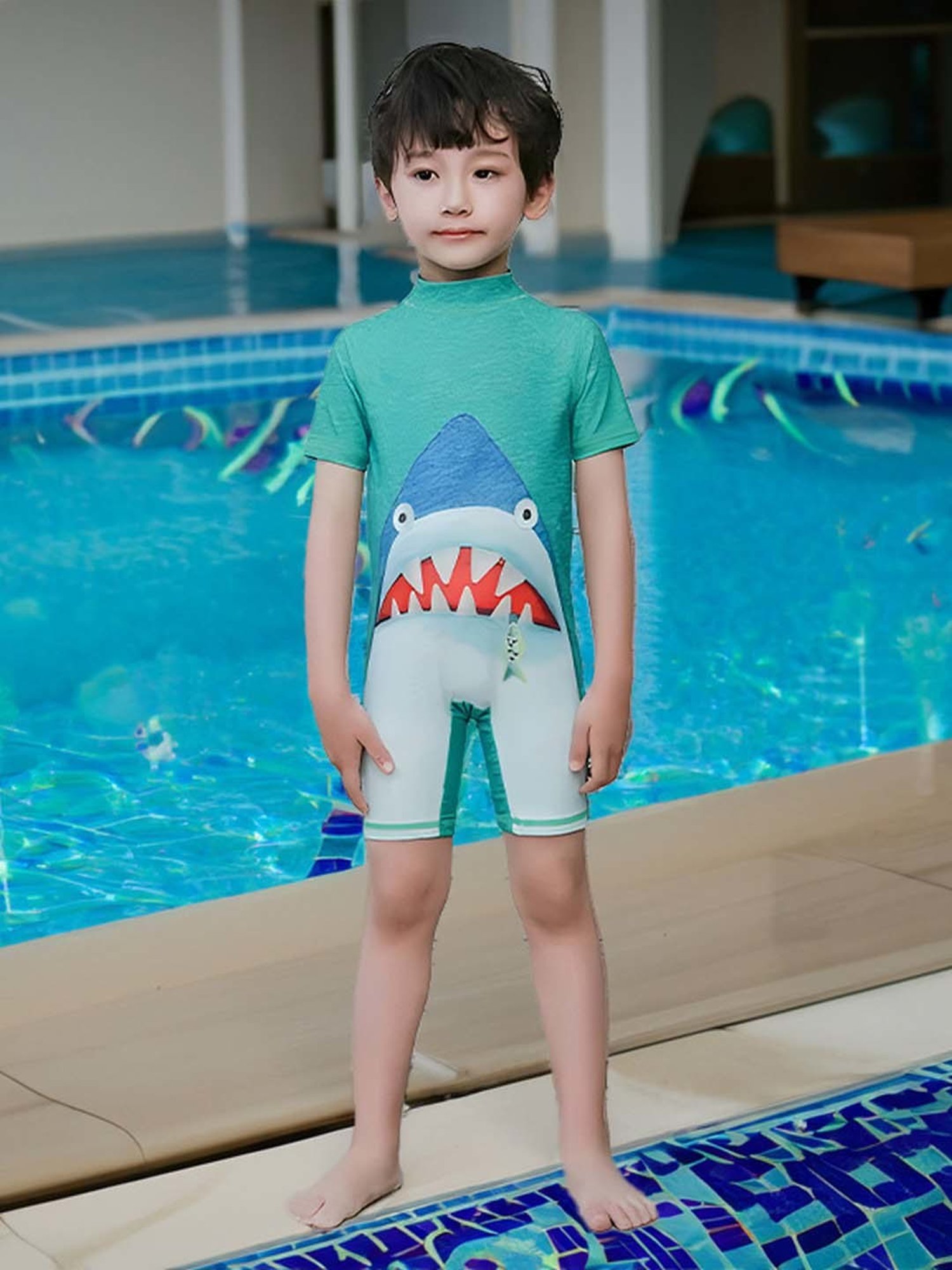 Baby Moo Kids Green Printed Swimming Costume