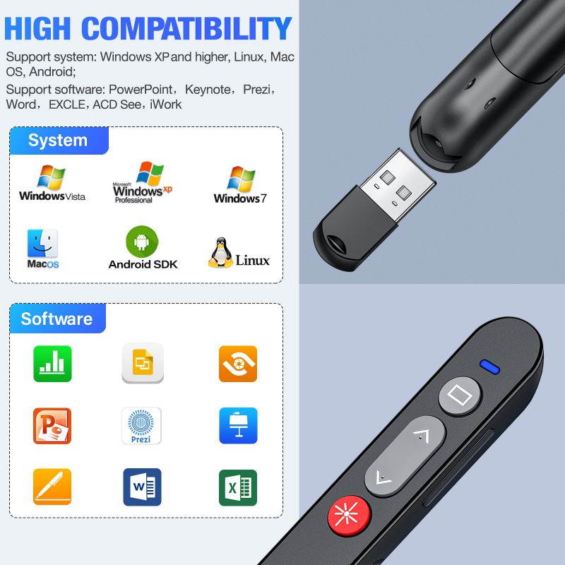 ESYWEN Wireless presentation remote Laser Pointer , 2.4GHz Wireless Presenter Remote Presentation Clicker for PPT, PowerPoint Presentation Pointer Red Light Pointer