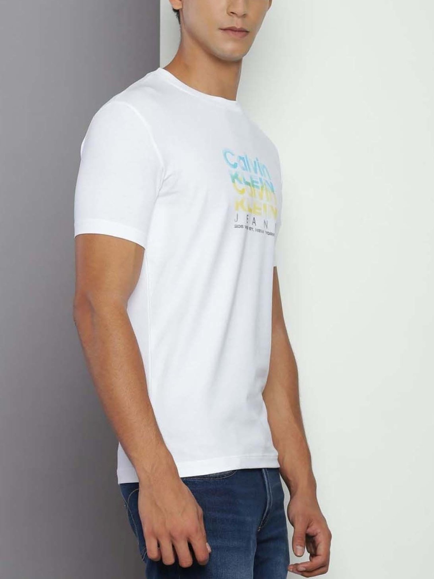 Calvin Klein Jeans Bright White Cotton Slim Fit Logo Printed T-Shirt