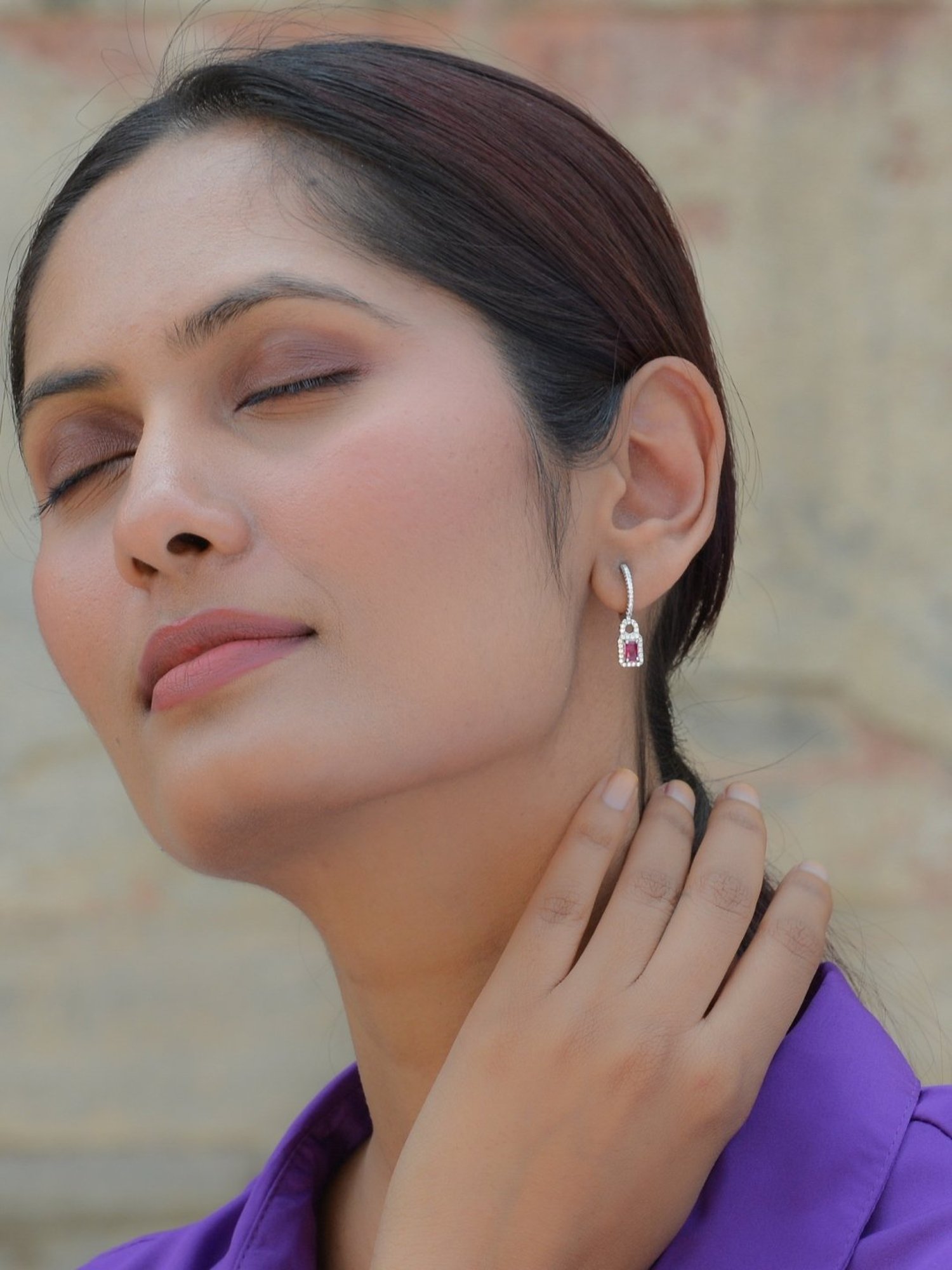 925 Silver Rectangular Red Ruby and American Diamond Bali Hoop Earrings for Women & Girls