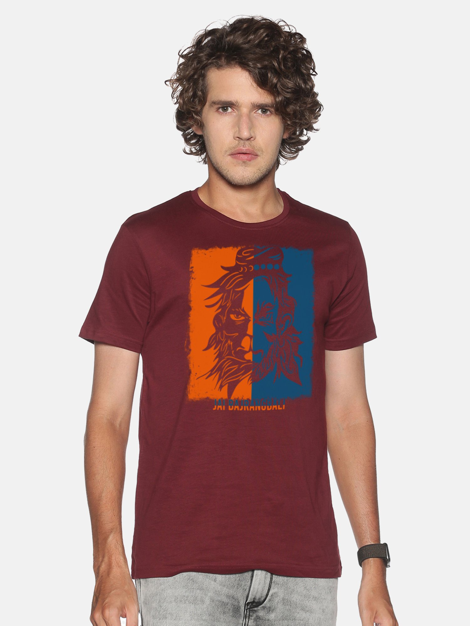 BLACK RADIO Maroon Slim Fit Printed Cotton Crew T-Shirt