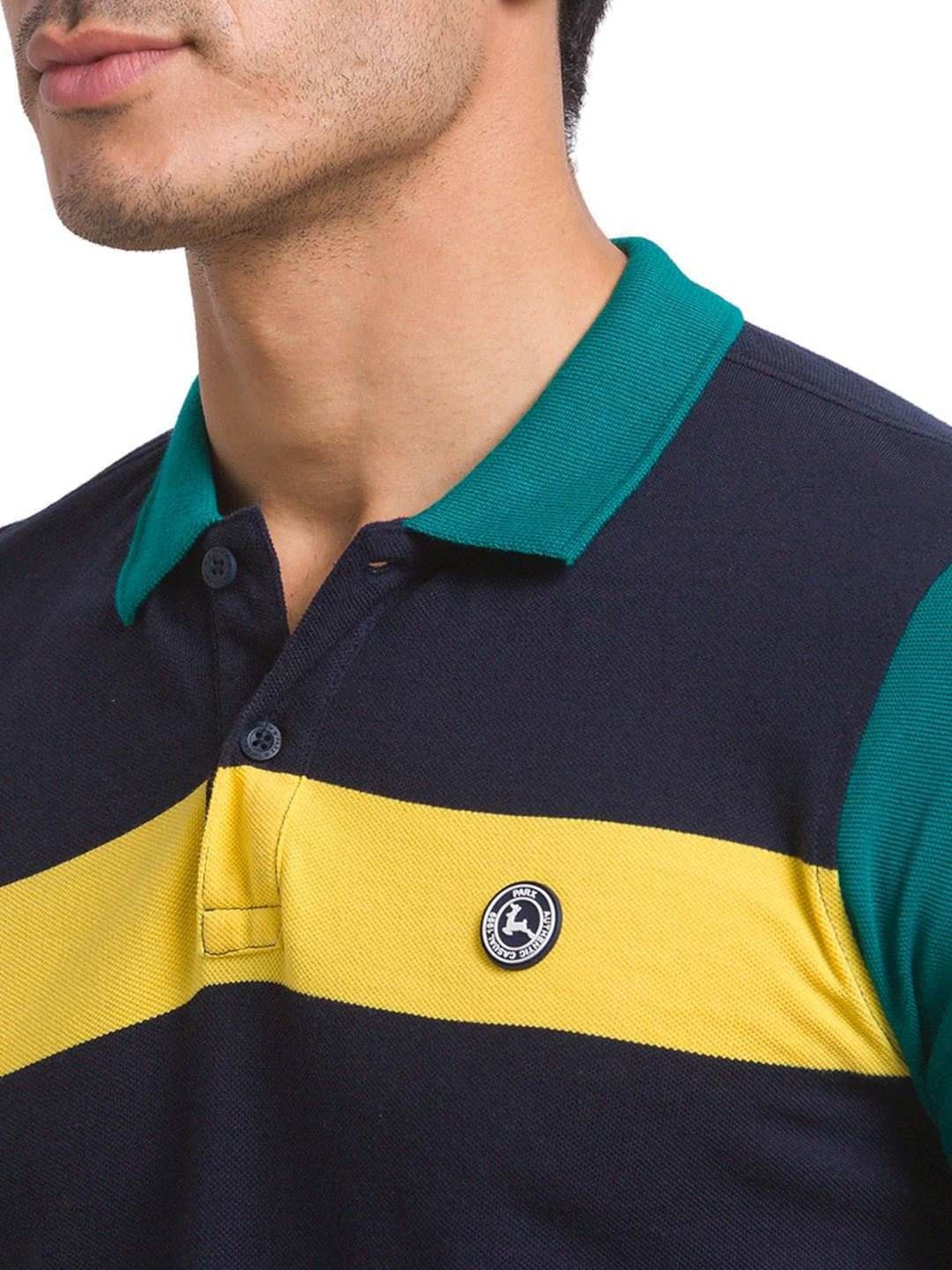 Parx Blue Cotton Regular Fit Printed Polo T-Shirt