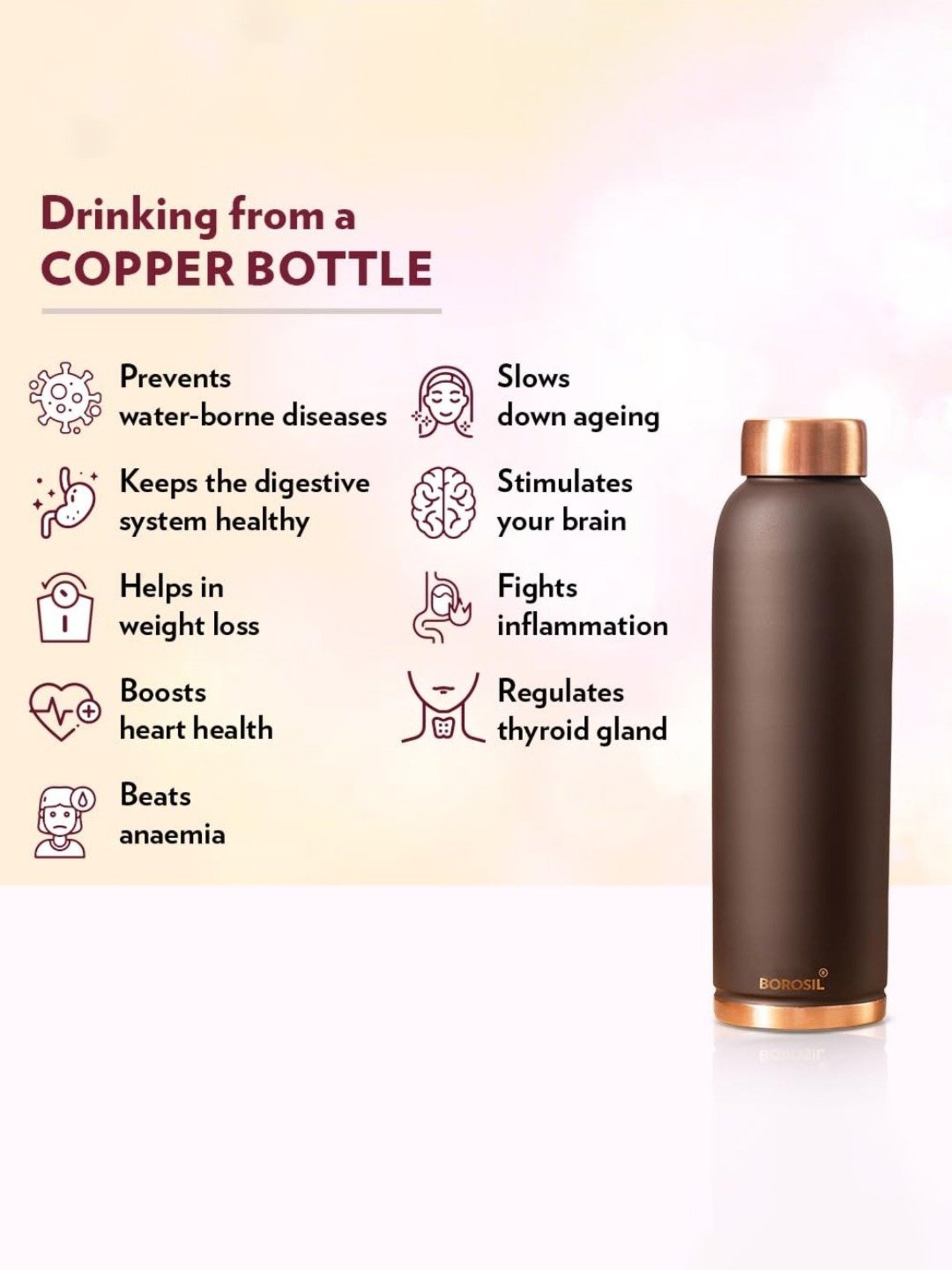Borosil Water Bottle with 100 percent Copper & Leakproof (Brown, 1000 ml)