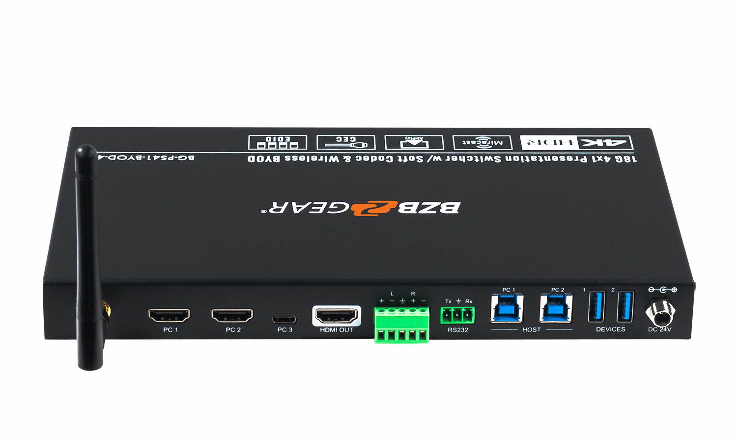 BZBGEAR 4X1 4K Wireless Presentation Switcher with HDMI 2.0/USB-C/Soft Codec