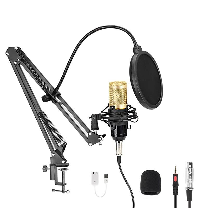 Professional Streaming Podcast PC Microphone,  Cardioid Streaming Microphone PC Mic Kit with 3.5mm XLR Sound Card Boom Arm Shock Mount Pop Filter for YouTuber,Karaoke,Podcasting,Studio Recording