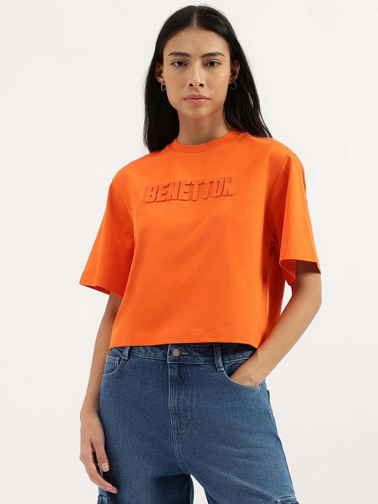 United Colors of Benetton Orange Cotton Debossed T-Shirt