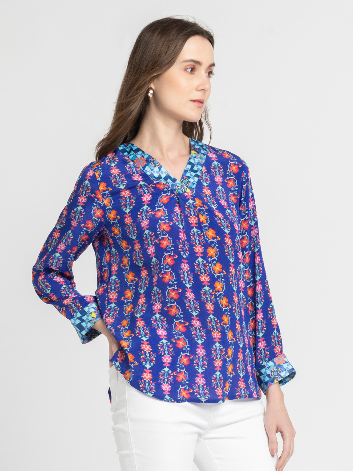 SHAYE Royal Blue Floral Print Top