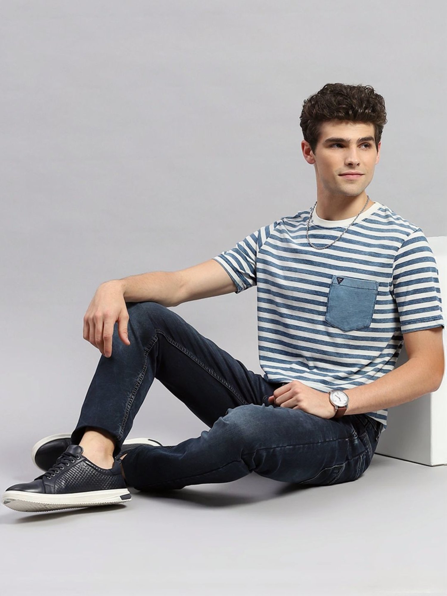 Monte Carlo Light Blue Regular Fit Striped T-Shirt