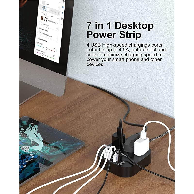 Strip with USB C 3 Outlet 4 USB Ports 45A Flat Plug Desktop Charging Station Non Surge Protector Strip with 5ft Heavy Duty Braided Extension Cord for Cruise Ship Travel Office Home