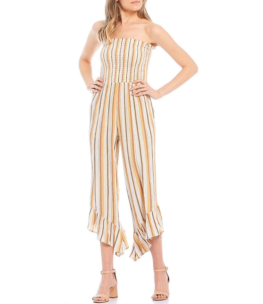 Angie Striped Strapless Smocked Bodice Ruffled Hem Jumpsuit