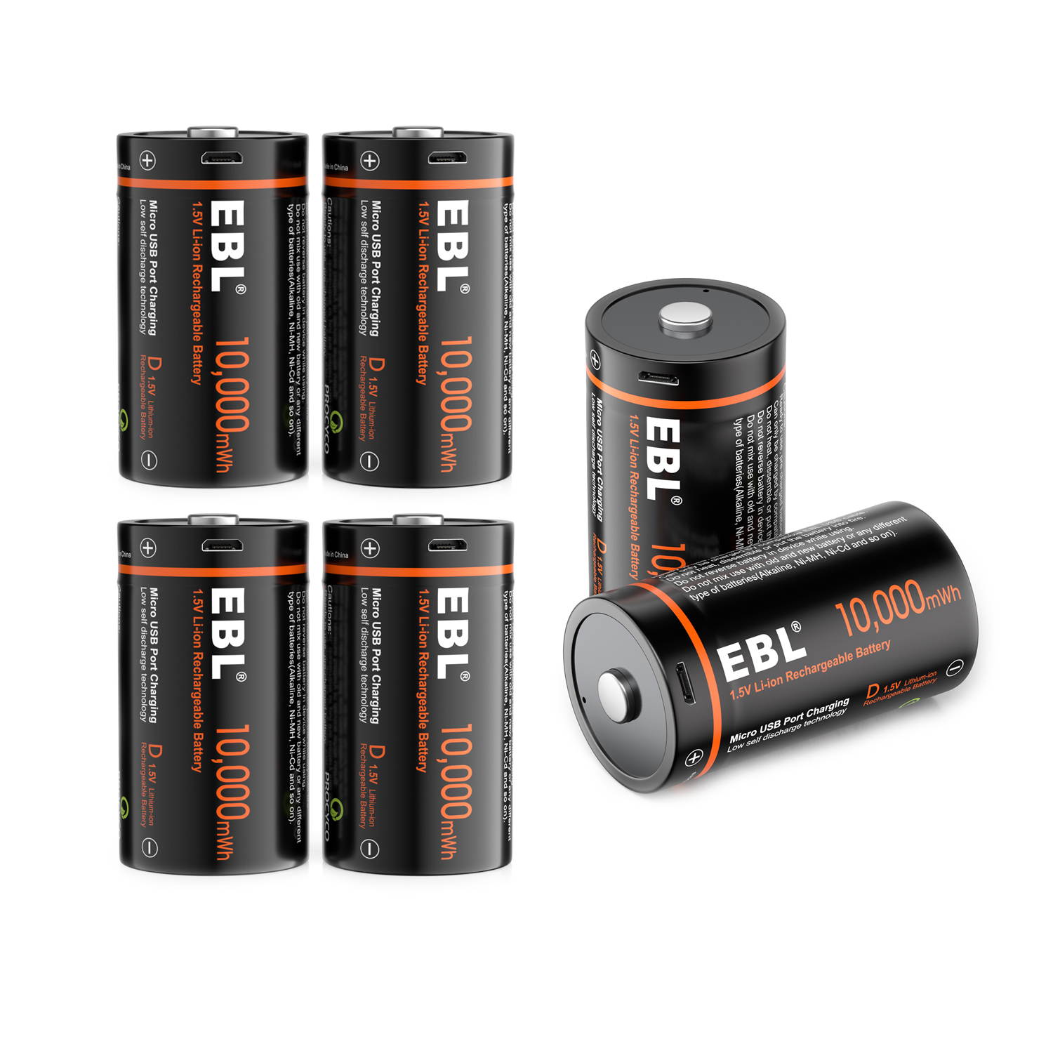 EBL USB Rechargeable D Batteries 10000mWh 1.5V Long Lasting D Cell Li-ion Battery for Flashlights, Baby Monitor (8 Pack)