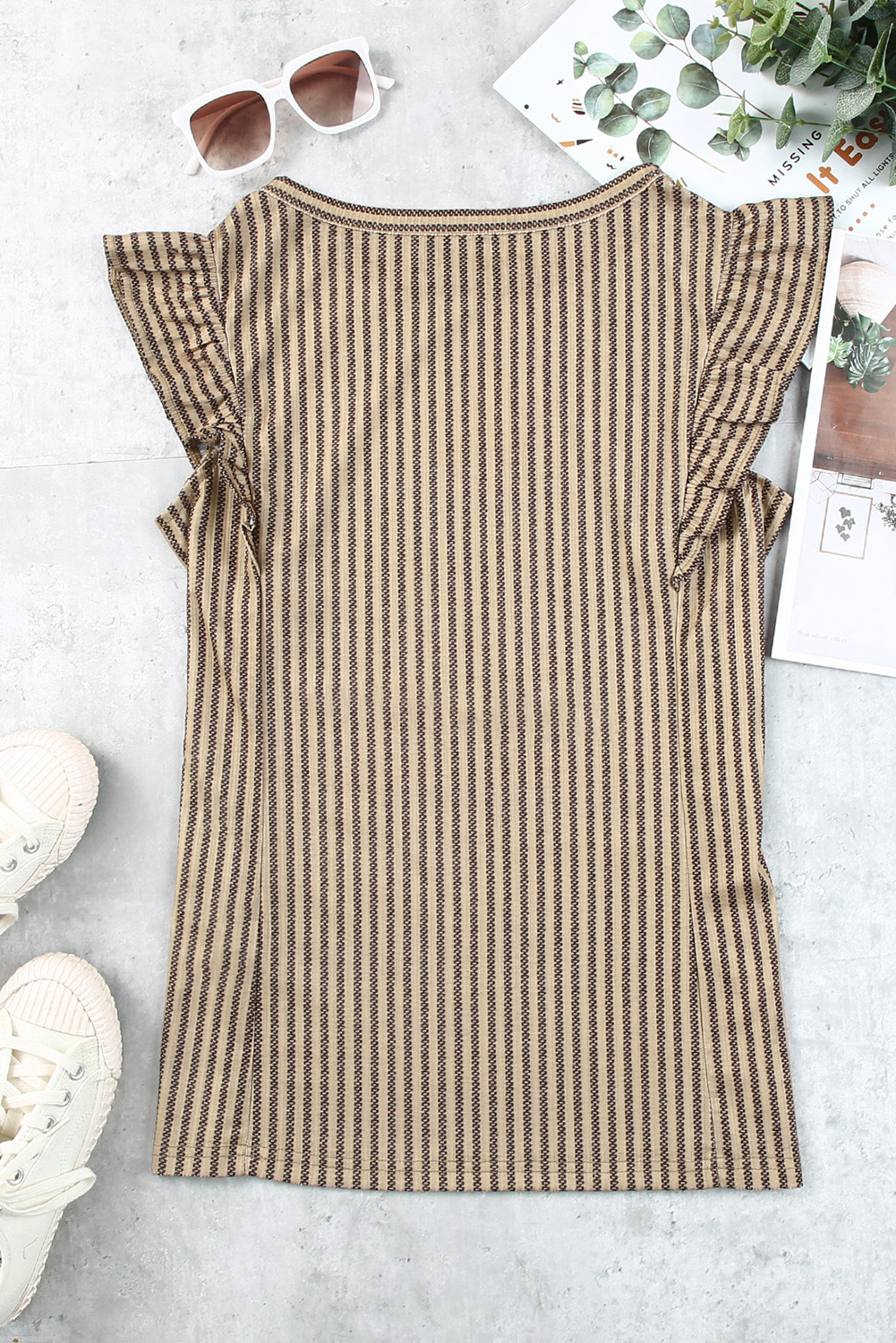 Khaki Striped Print Ruffle Casual Summer Top