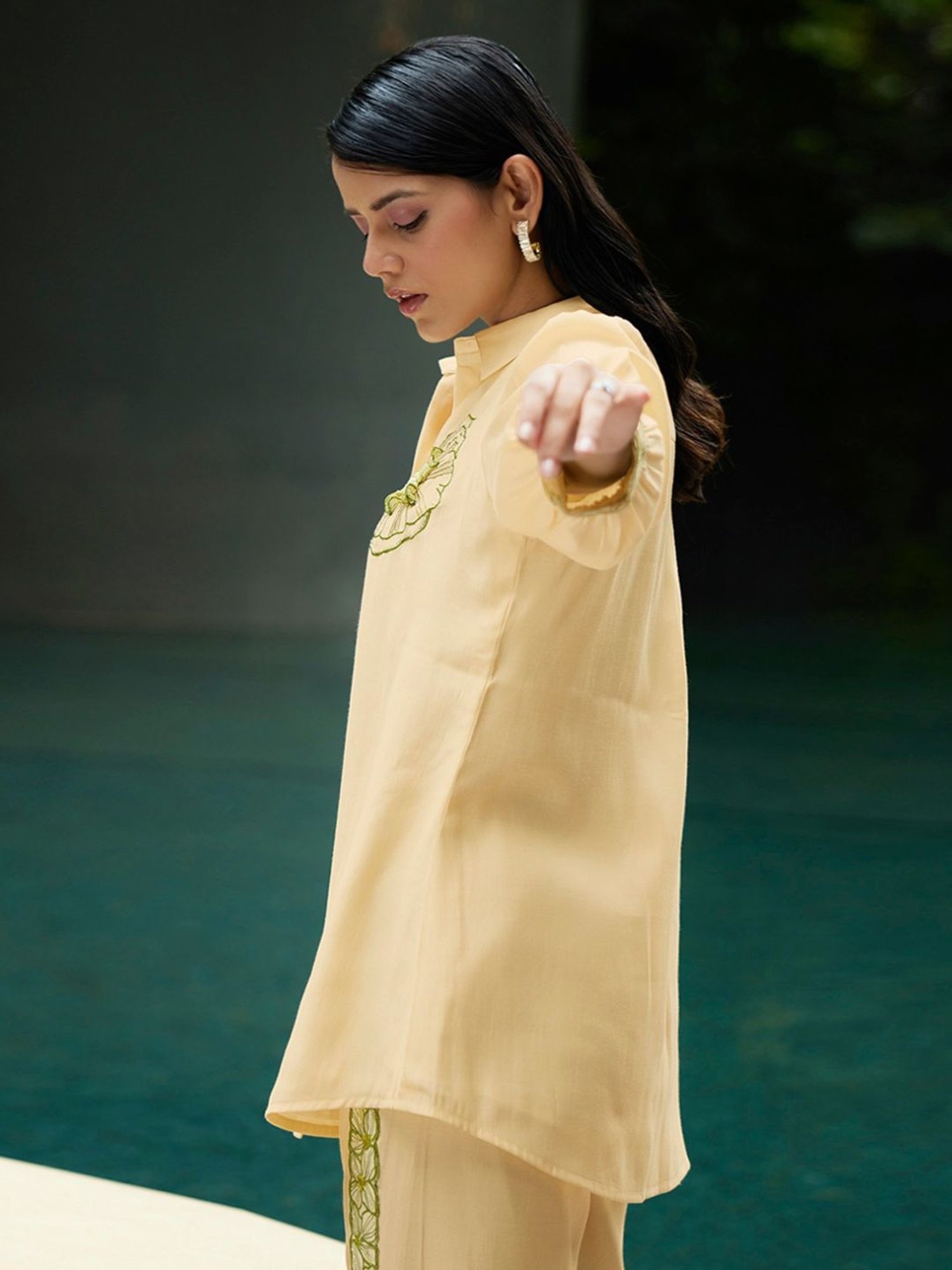 Kaftanize Kiaa Yellow Creme Applique and Embroidered Shirt with Pant