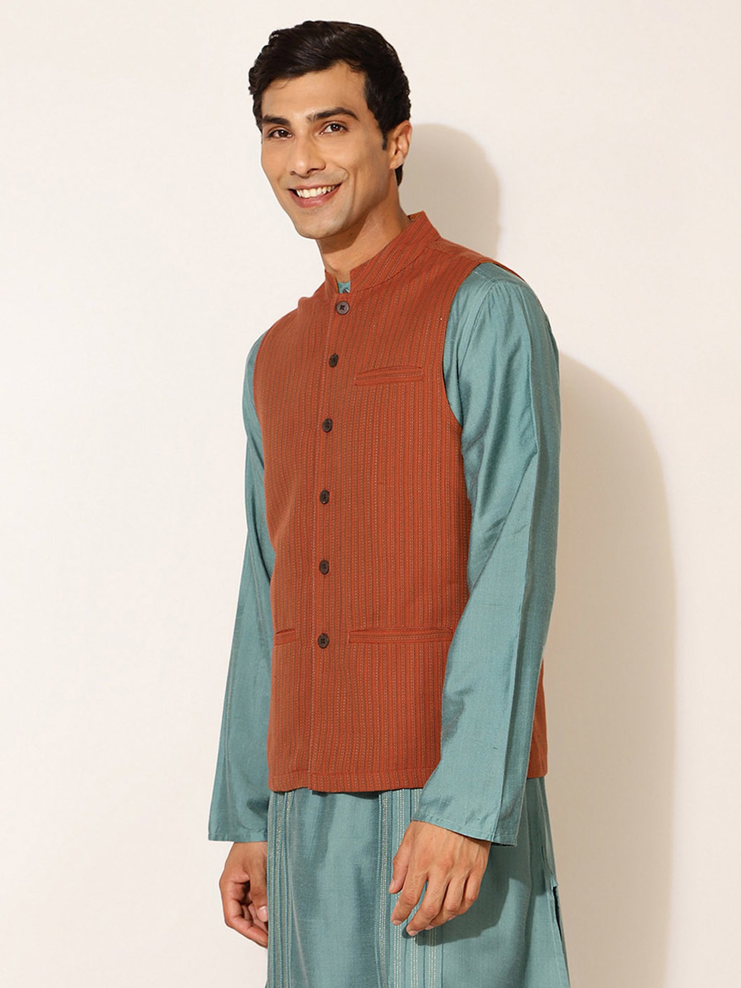 Fabindia Orange Cotton Regular Fit Striped Nehru Jacket
