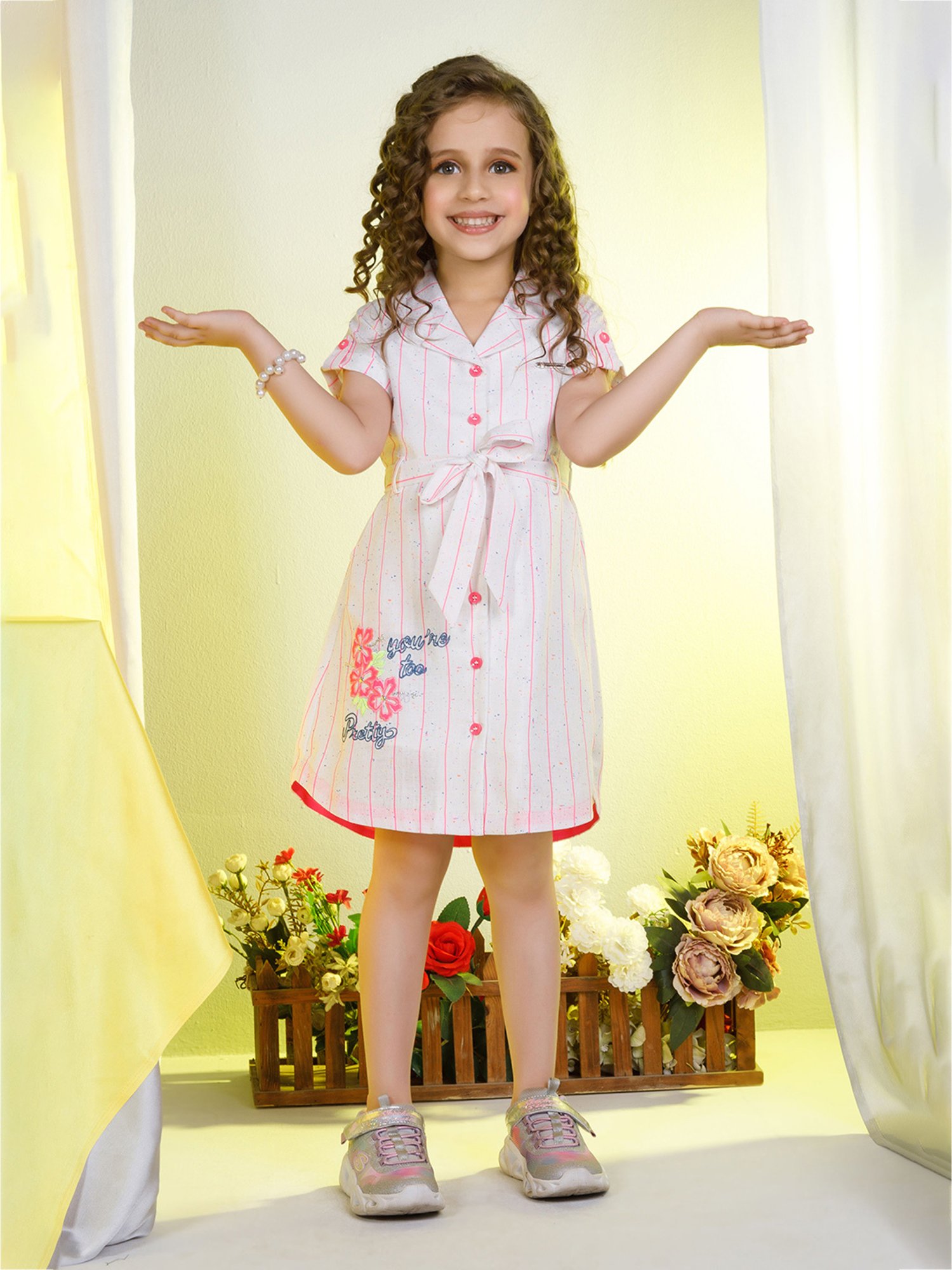 Peppermint Kids Pink & White Printed Shirt Dress with Belt