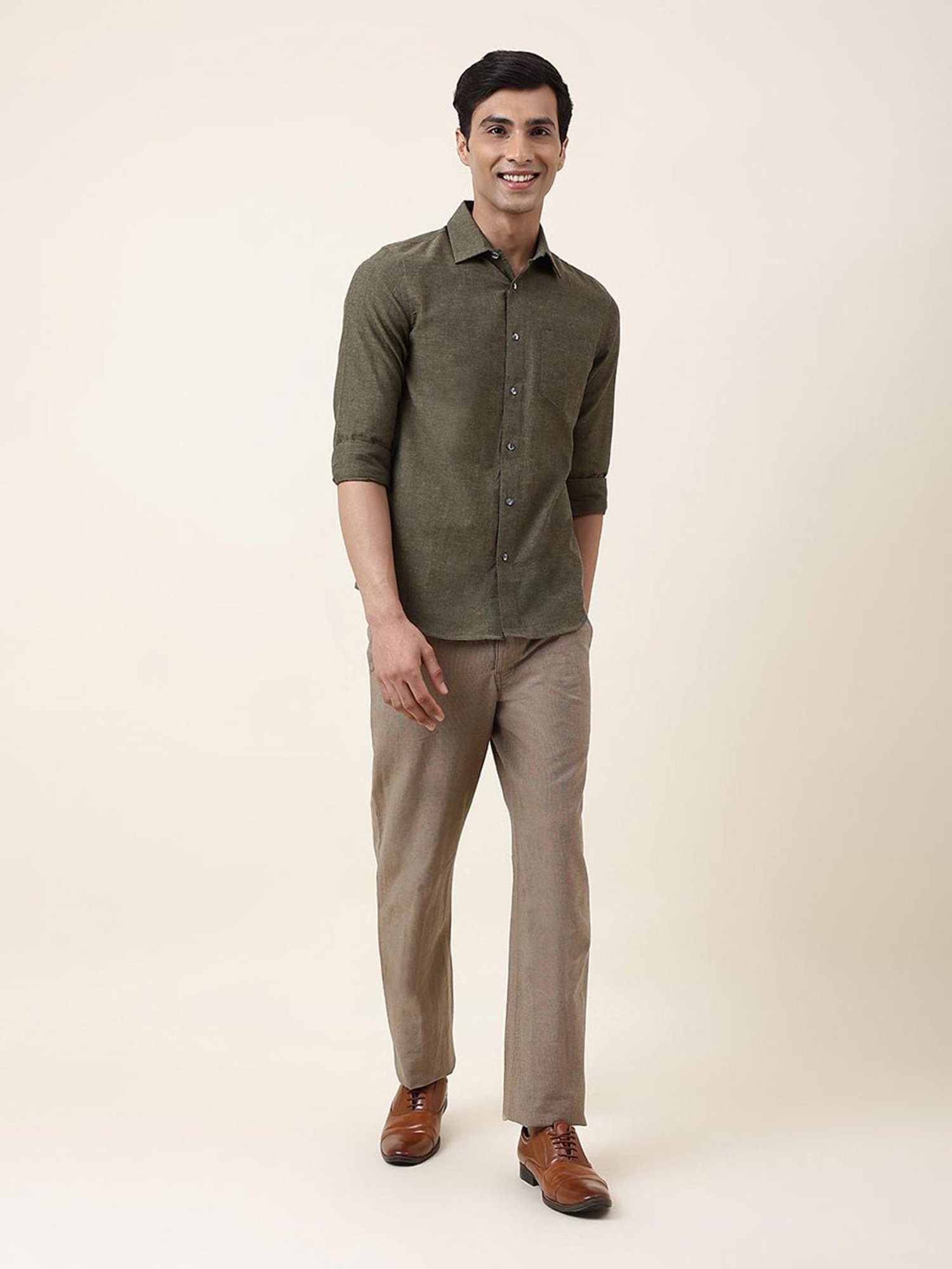 Fabindia Light Beige Comfort Fit Flat Front Trousers