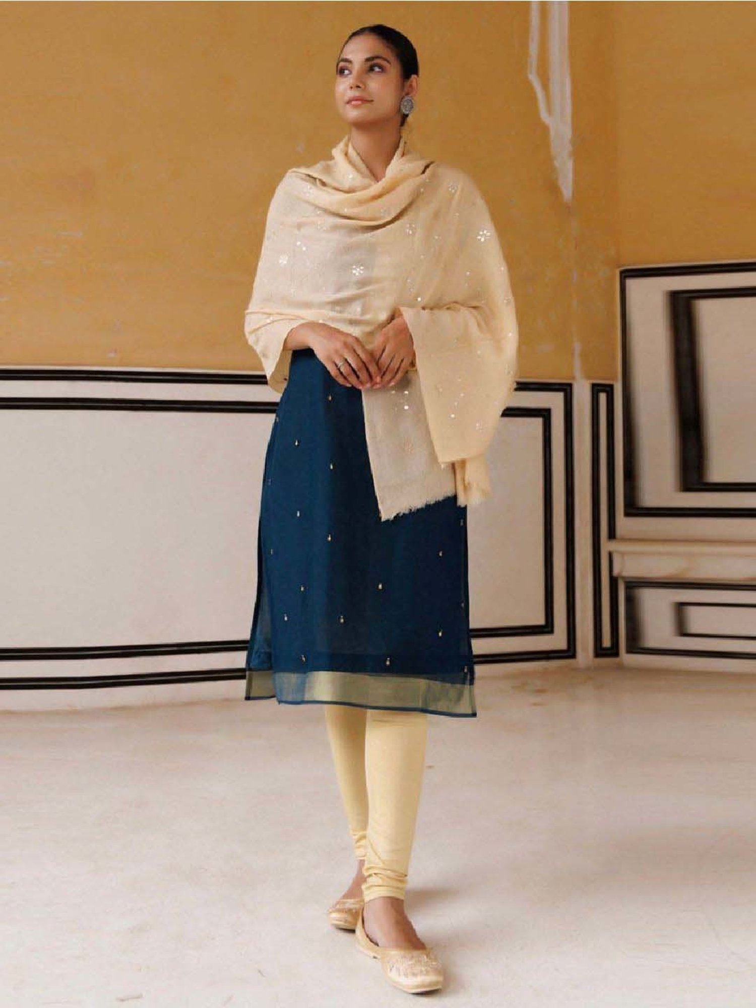 Geroo Jaipur Beige Hand Embroidered Gota Patti Woolen Shawl