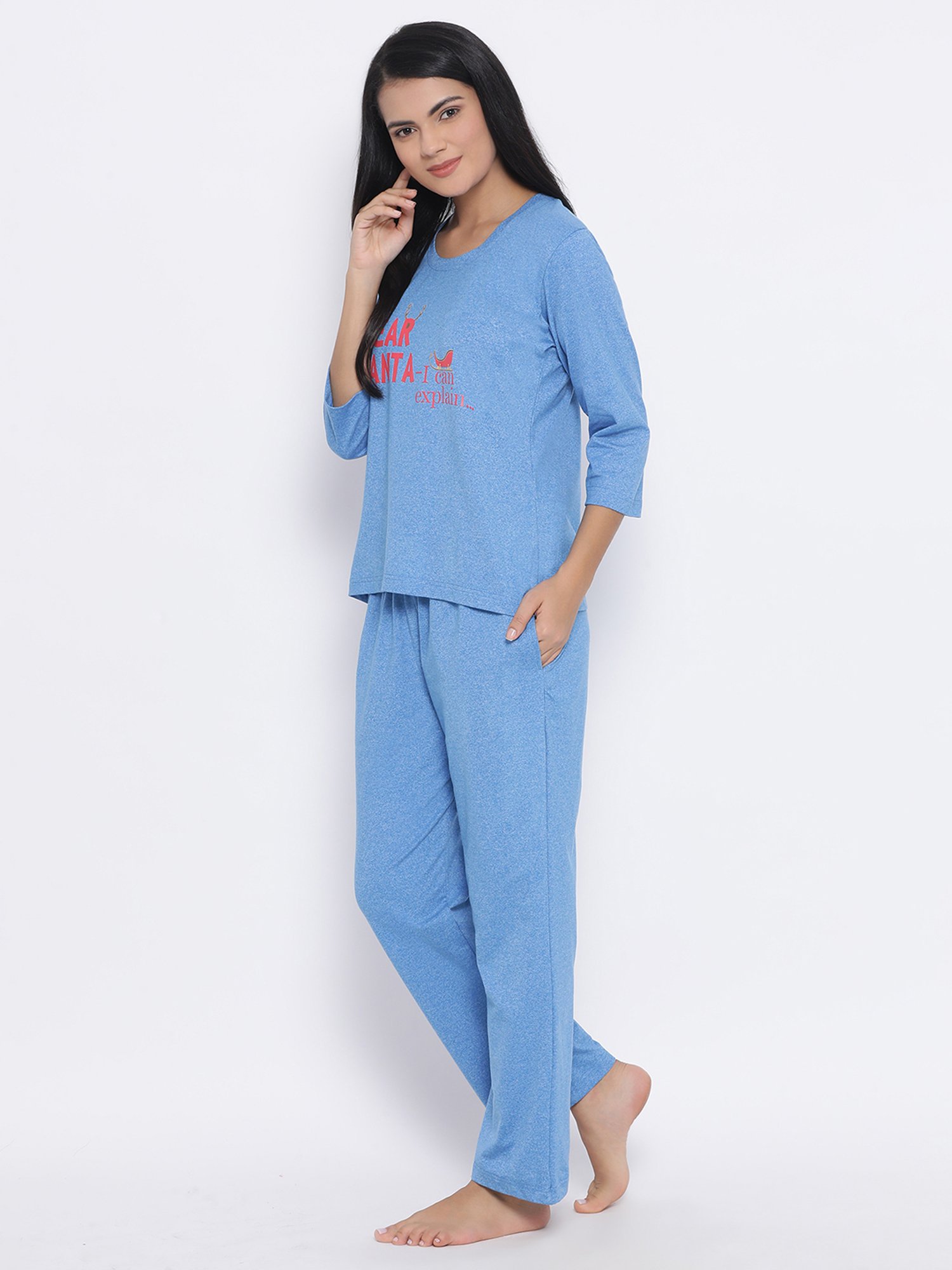 Clovia Blue Printed Top & Pyjama Set