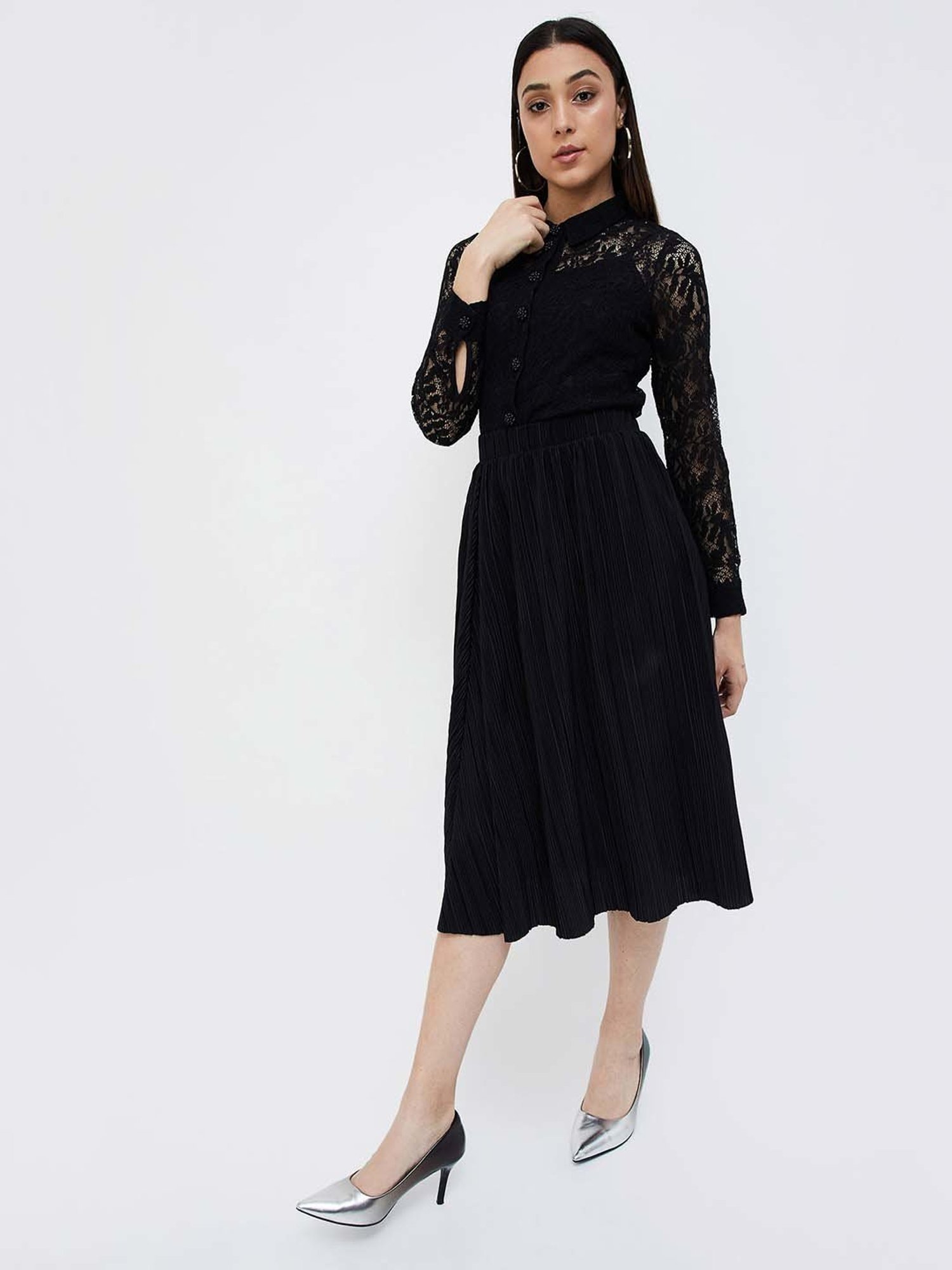 Code by Lifestyle Black Self Pattern Top With Camisole