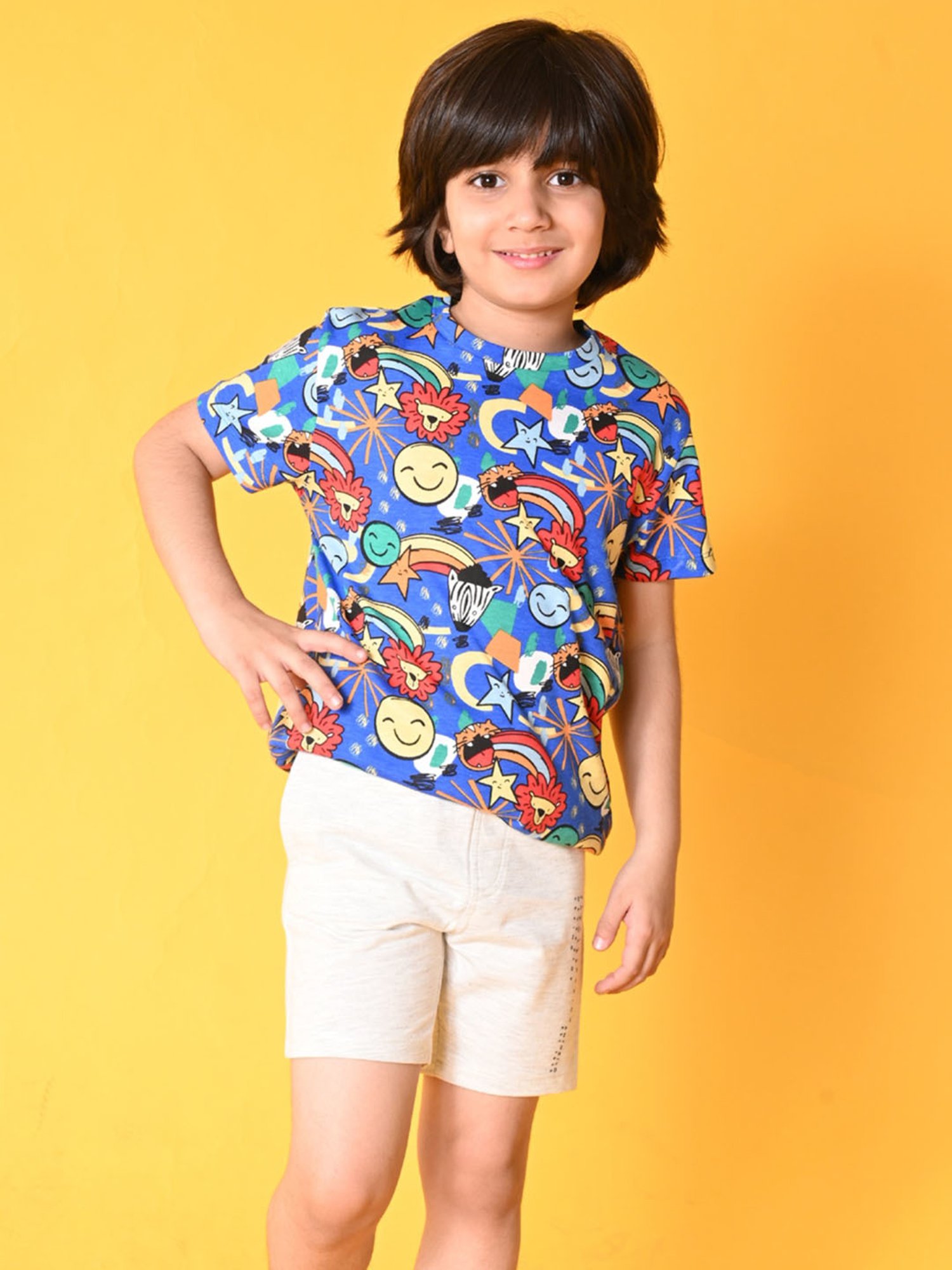 Anthrilo Kids Blue & White Cotton Printed T-Shirt Set