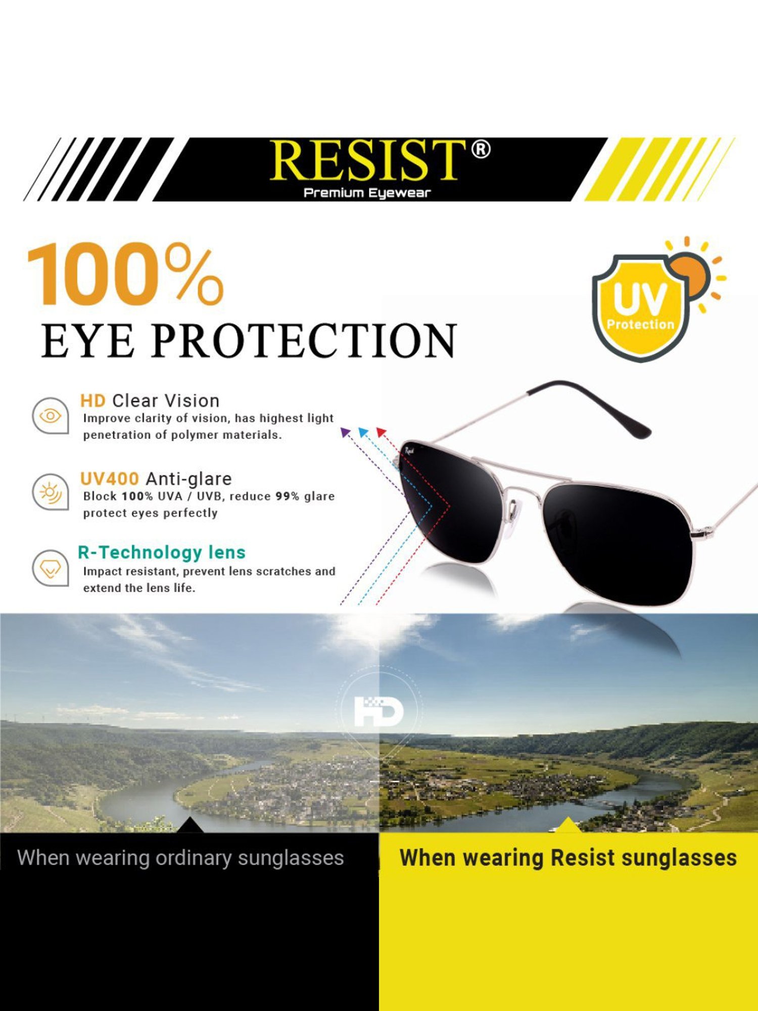 Resist Eyewear Black Rectangular Unisex Sunglasses