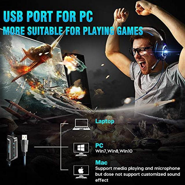 Beexcellent USB Gaming Headset for PC,7.1 Surround Sound PC Headset with Noise Canceling Mic Volume Control LED Light for Laptops