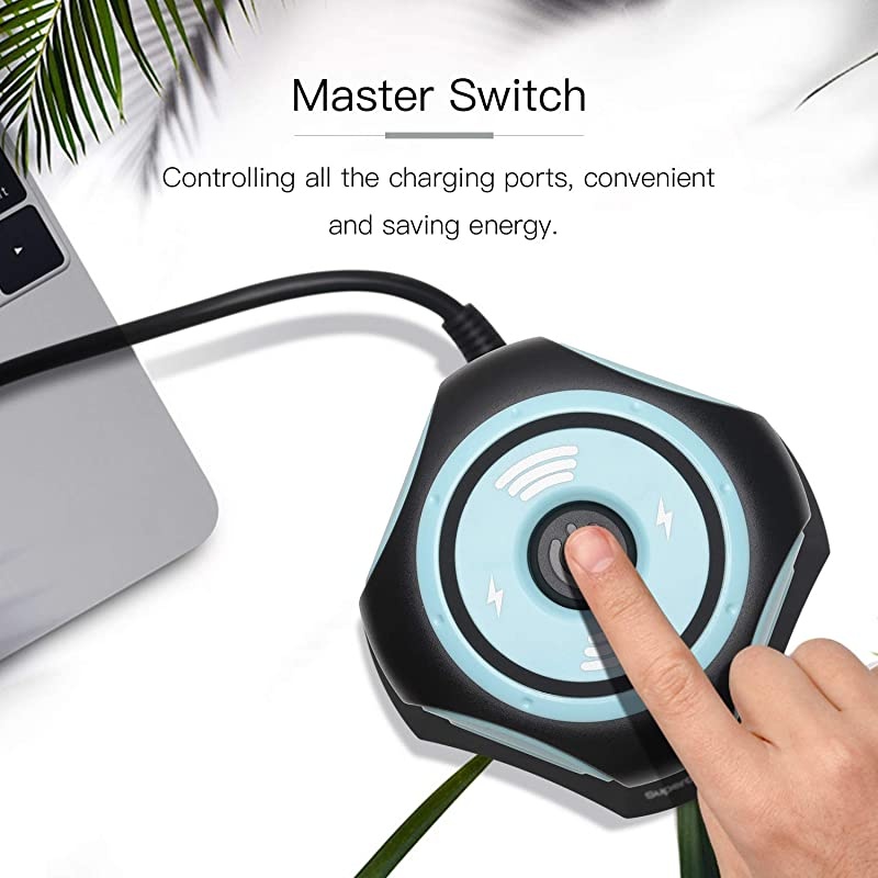 10ft Power Strip Tower Wireless Charger Surge Protector Extension Cord 10A 9-Outlet 4 USB 4.5A Fast Speed Charging Electrical Station Universal Socket for Laptop Phone Black and Blue