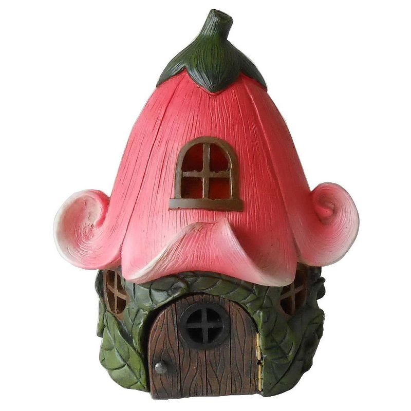 9.5" Polyresin Fairy Garden House with Pink Lily Flower Roof Red - Hi-Line Gift