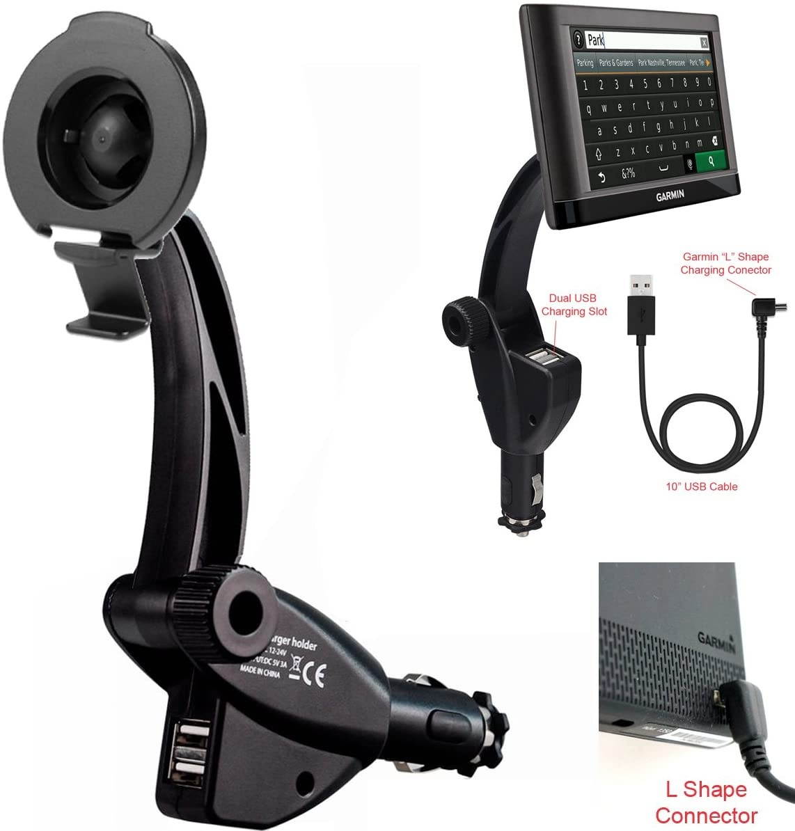 ChargerCity Dual USB Lighter Socket Car Mount w/Cable Charger Adapter for Garmin Nuvi 42 44 52 54 55 56 57 58 65 66 67 68 2457 2497 2539 2557 2558 2559 2577 2589 2597 2598 2599 2639 2689 2699 LM GPS