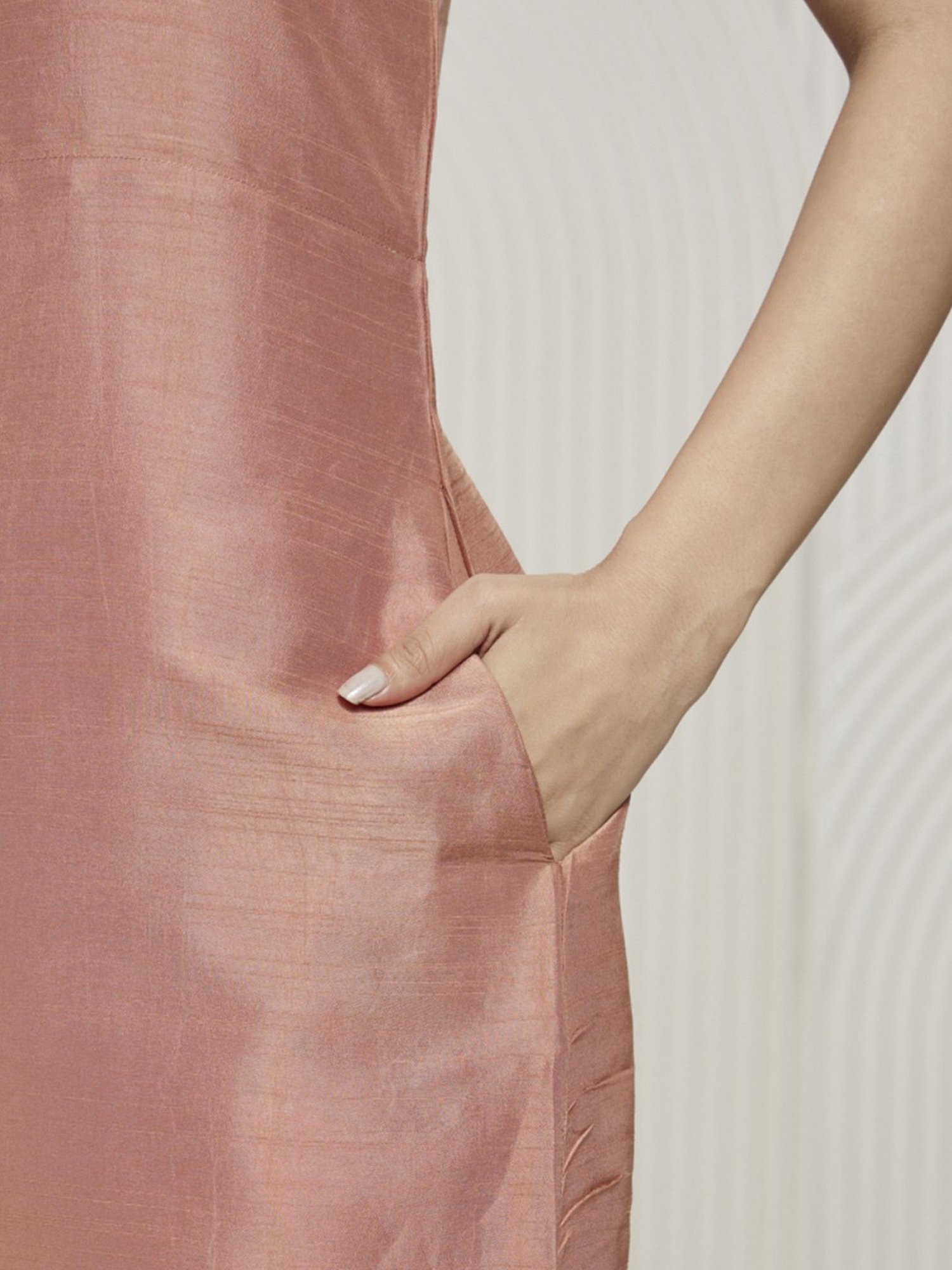 Artagai Salmon Pink Elevated Basics Band Collar Sleeveless Dress with Curved Hemline