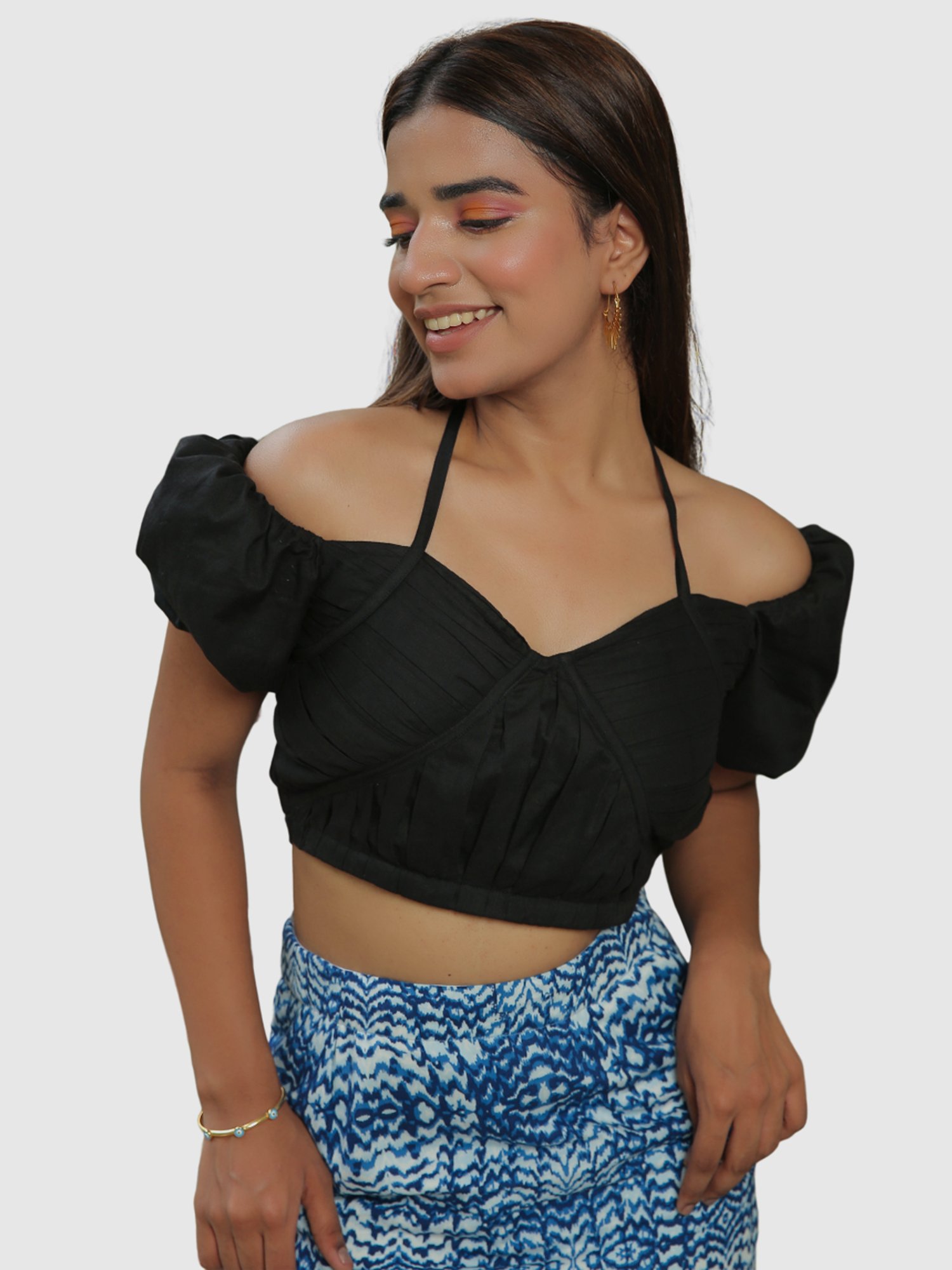KAORI BY SHREYA AGARWAL Black & Blue Cotton Crop Top Skirt Set