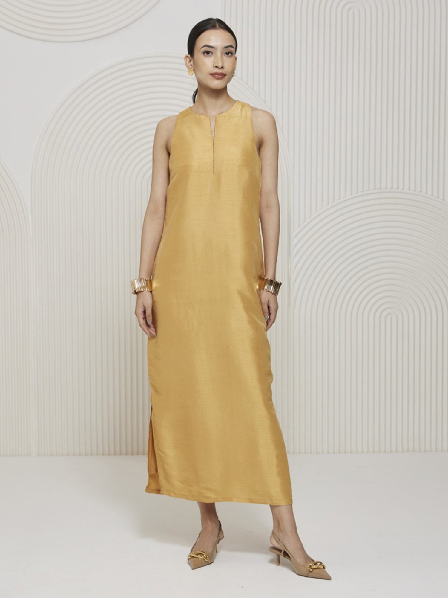 Artagai Gold Earth Romancing Aari Incut Sleeve Maxi Dress