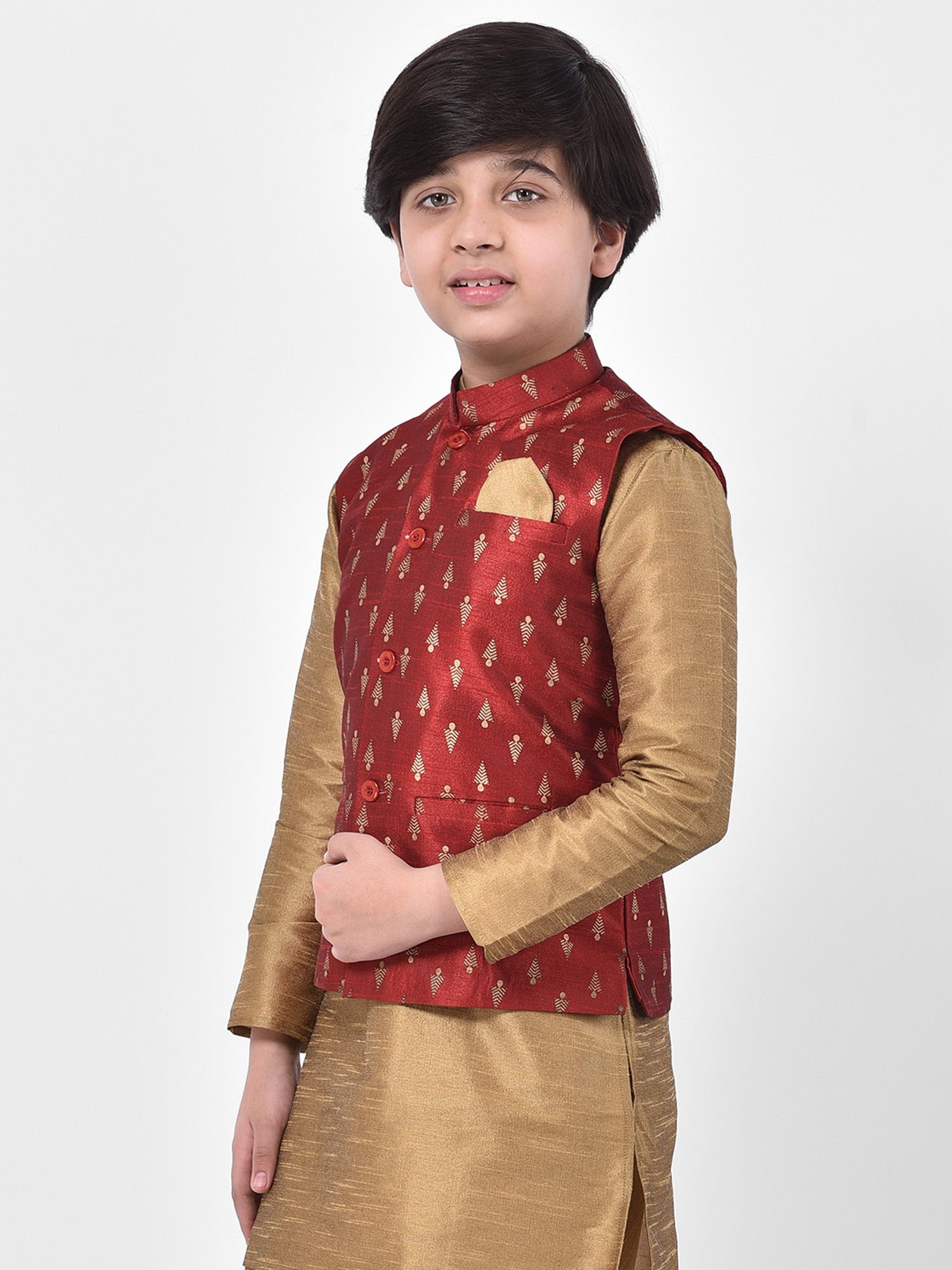 Deyann Kids Red Embroidered Nehru Jacket
