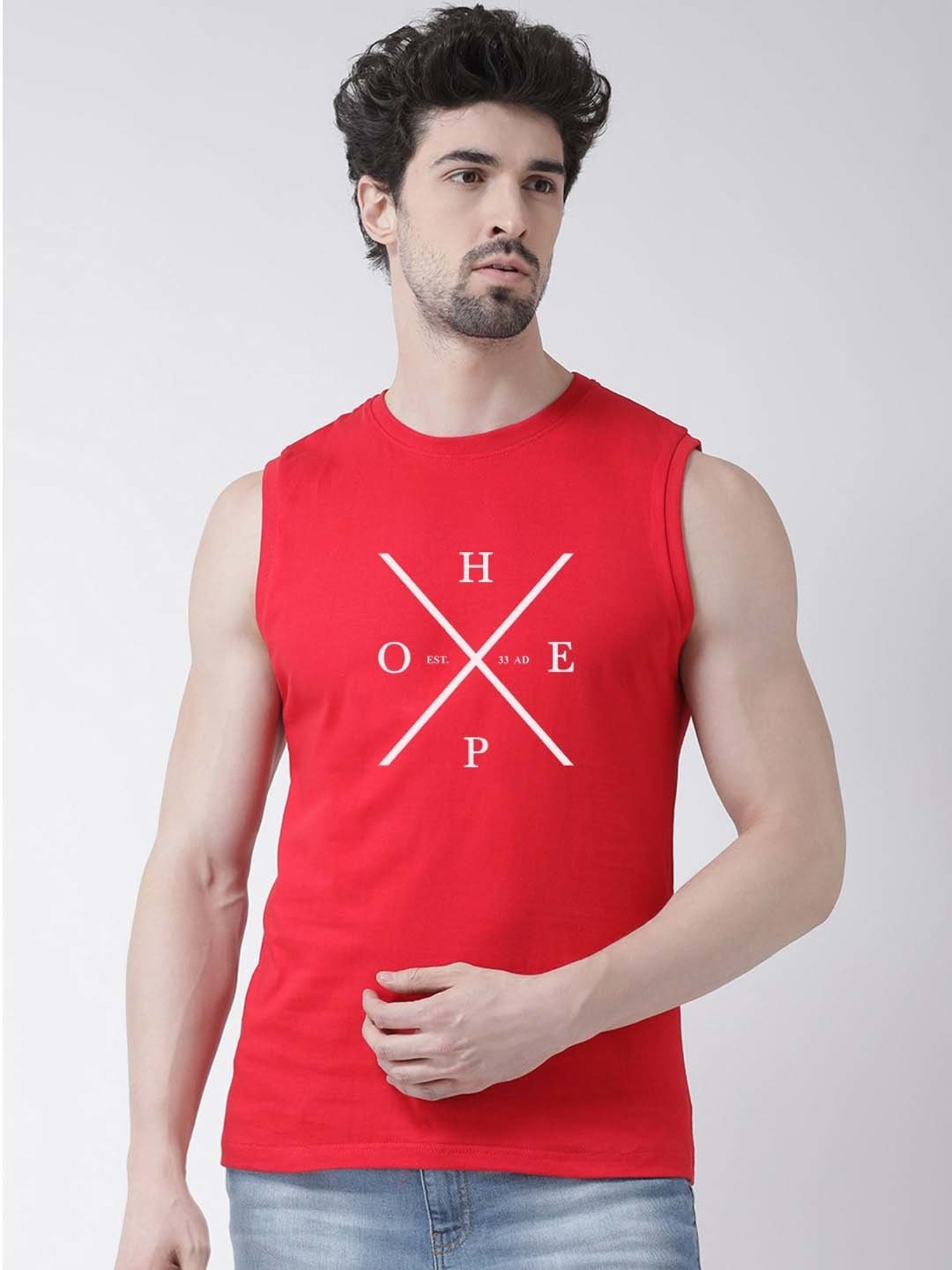 Friskers Red Slim Fit Sleeveless T-Shirt
