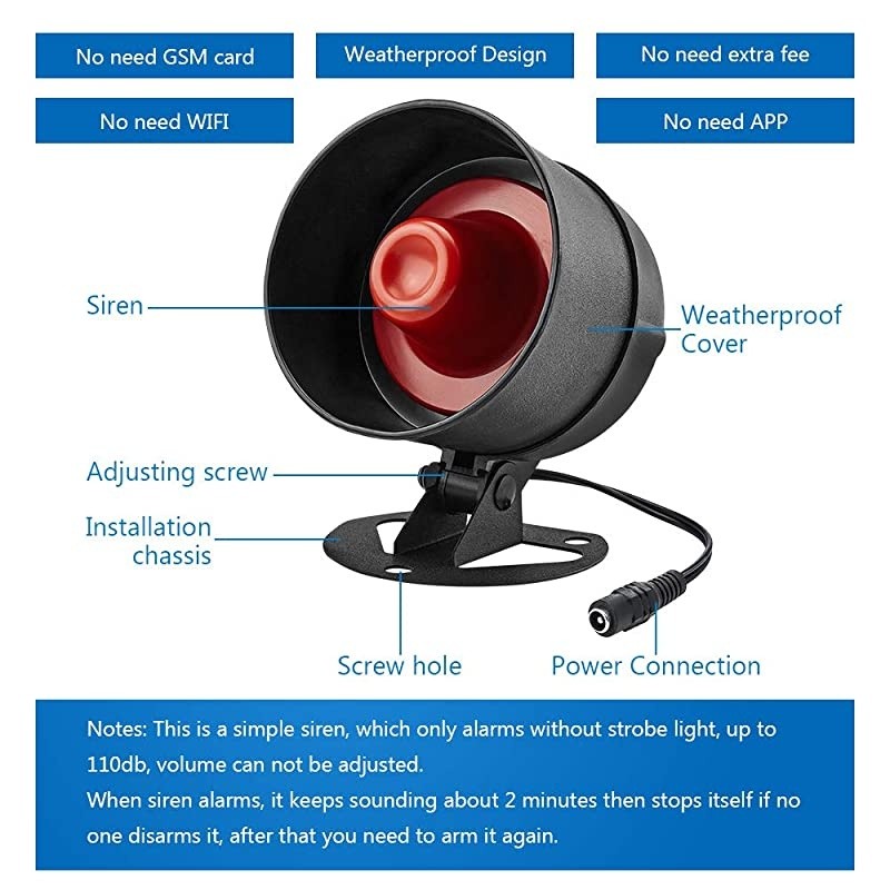 Upgraded Wireless Live Loud Siren Host,Indoor/Outdoor Waterproof Horn up to 115dB for Home Security Alarm System,Can't Work Alone,Have to Work with  Sensors as Home Garage Shed Alarm System