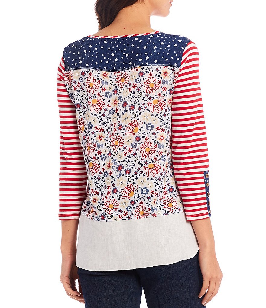 Multiples Stripe Print Contrast Back Jewel Neck 3/4 Sleeve One Pocket Top