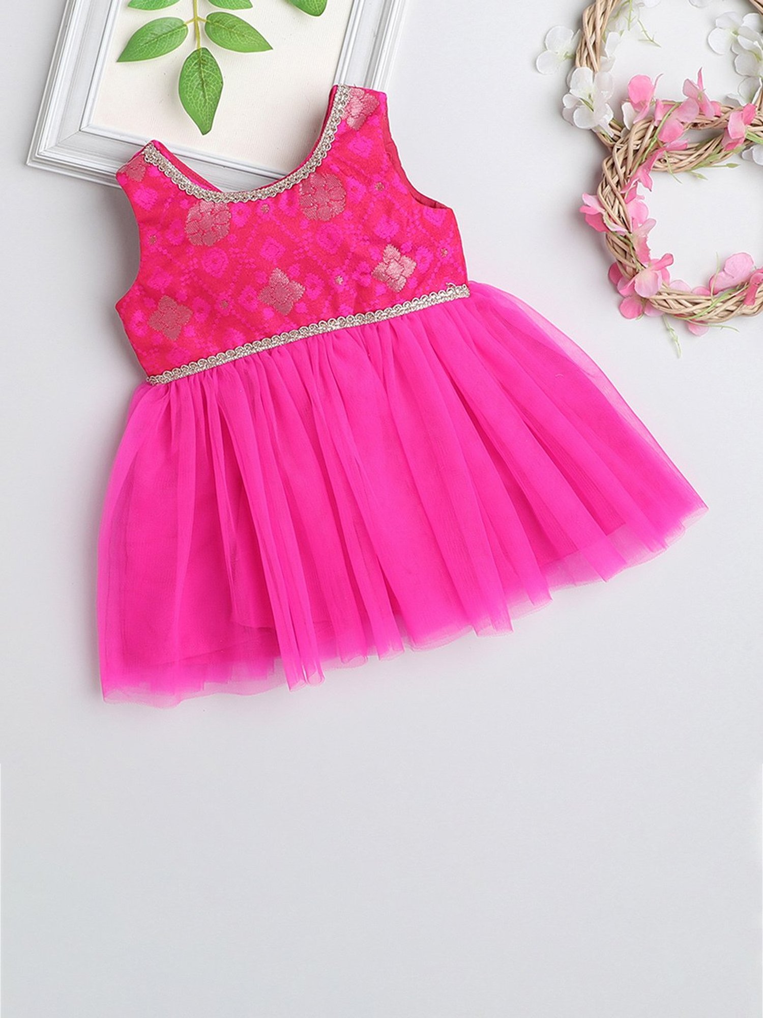 Many Frocks Kids Pink Self Design Dress