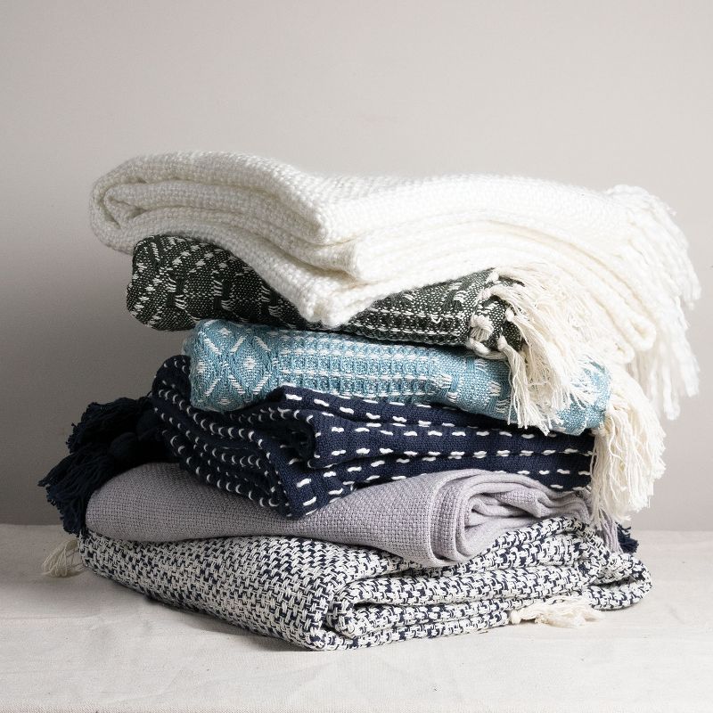 White Hand Woven 50 x 60 inch Acrylic Throw Blanket with Hand Tied Fringe  - Foreside Home & Garden