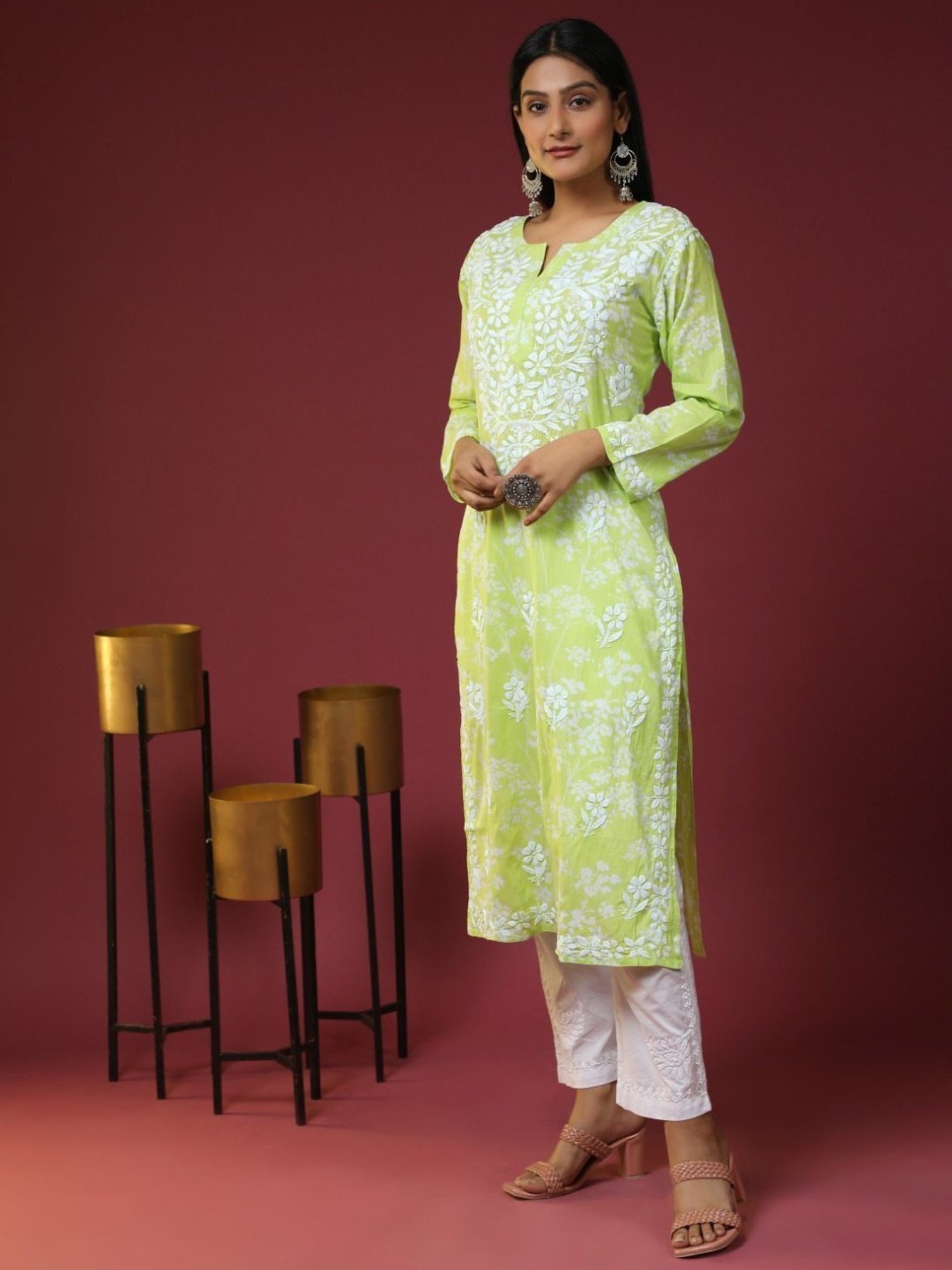 House Of Kari Noor Printed Emb Kurta in Mul-Yellow Green