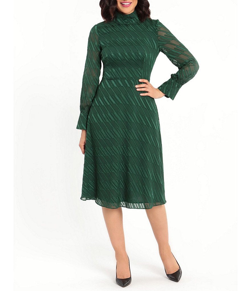 Maggy London Long Sleeve Mock Neck Linear Burnout Dress