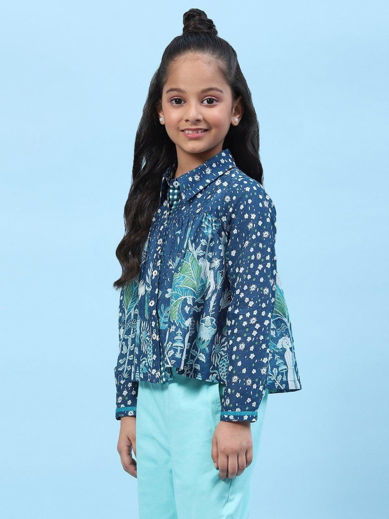 Biba Kids Blue Cotton Floral Print Full Sleeves Shirt