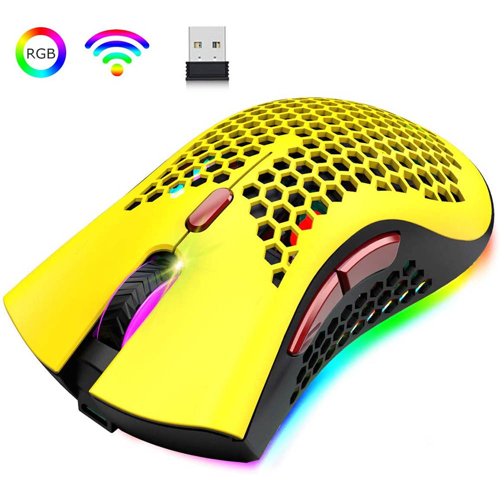 Gaming Mice Wireless Lightweight Gaming Mouse Honeycomb with 7 Button Multi RGB Backlit Perforated Ergonomic Shell Optical Sensor Adjustable DPI Rechargeable 800mAh Battery USB Receiver for PC Laptop