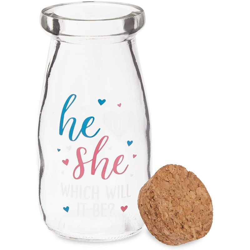 Sparkle and Bash 12-Pack 4-Inch Empty Milk Jars Glass Bottles with Lids, He She Gender Reveal Party Favors