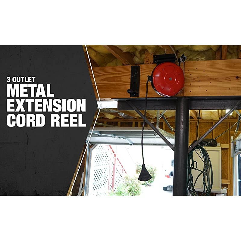 48006SW Retractable Cord Reel with 30Foot 143 Black Extension Cord 3 Grounded Outlets Red