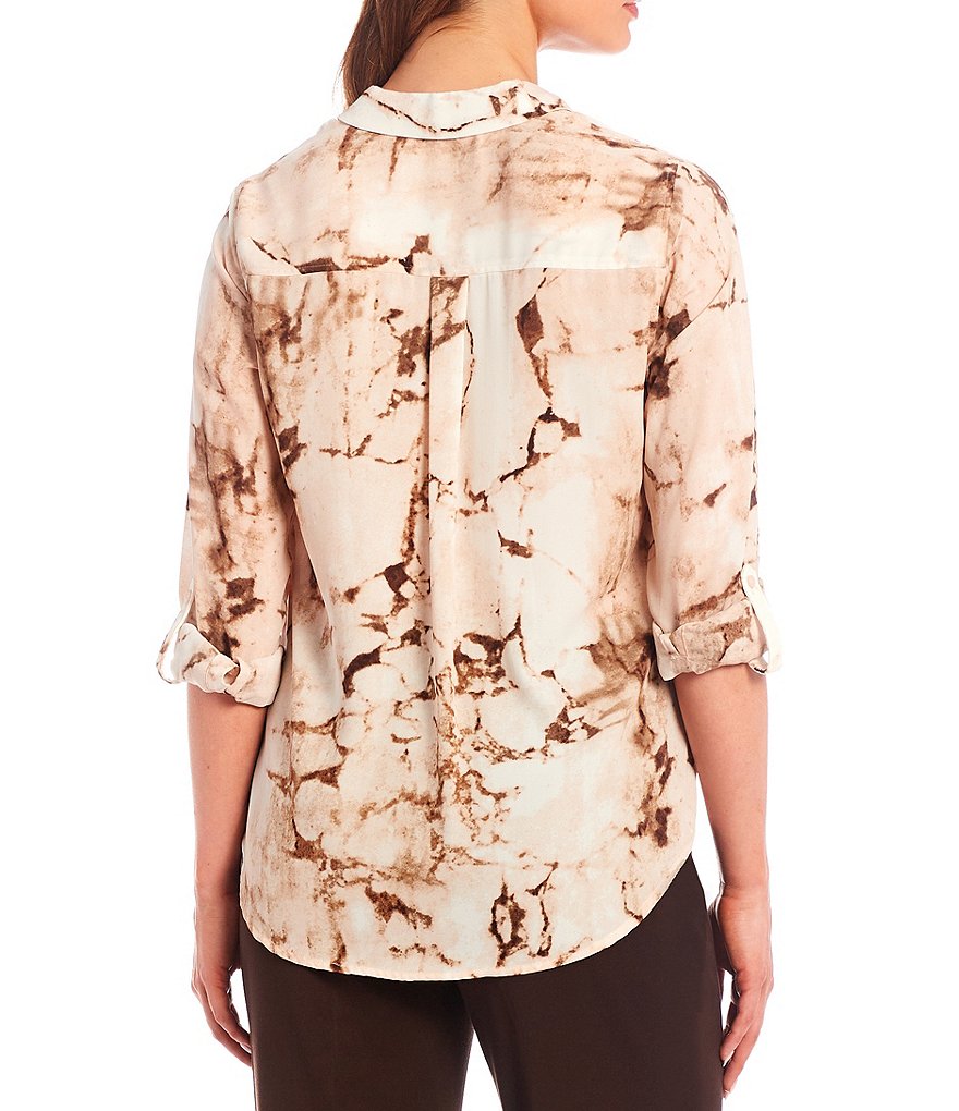 Investments Petite Olivia Long Sleeve Roll-Tab Button-Front Marble Print Utility Blouse