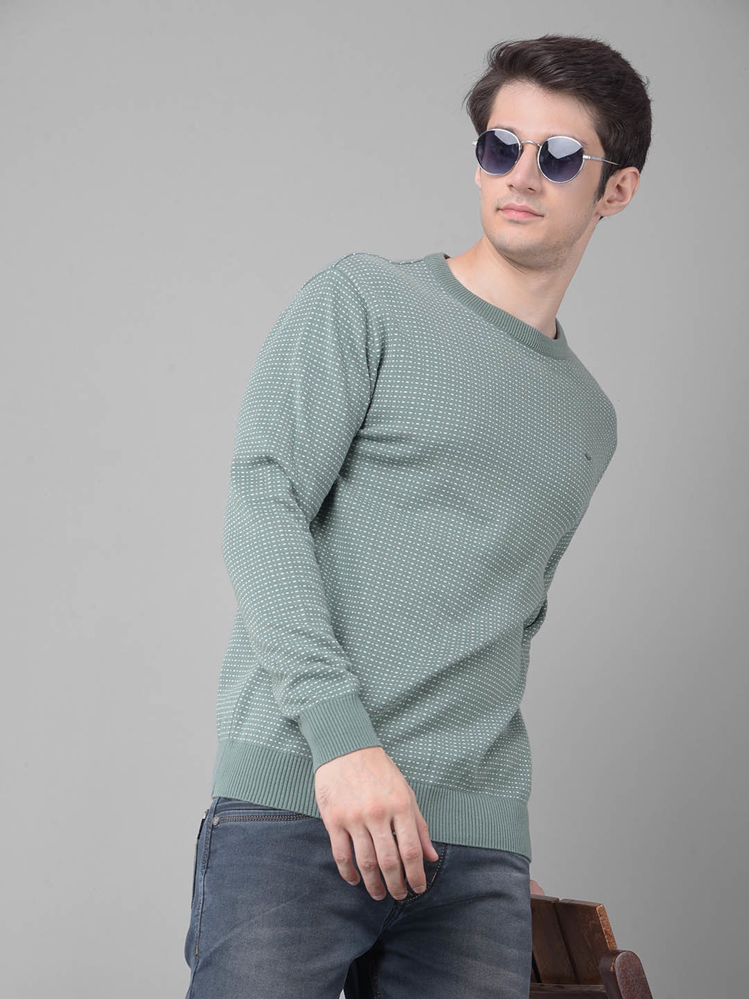 Crimsoune Club Green Cotton Regular Fit Self Pattern Sweater